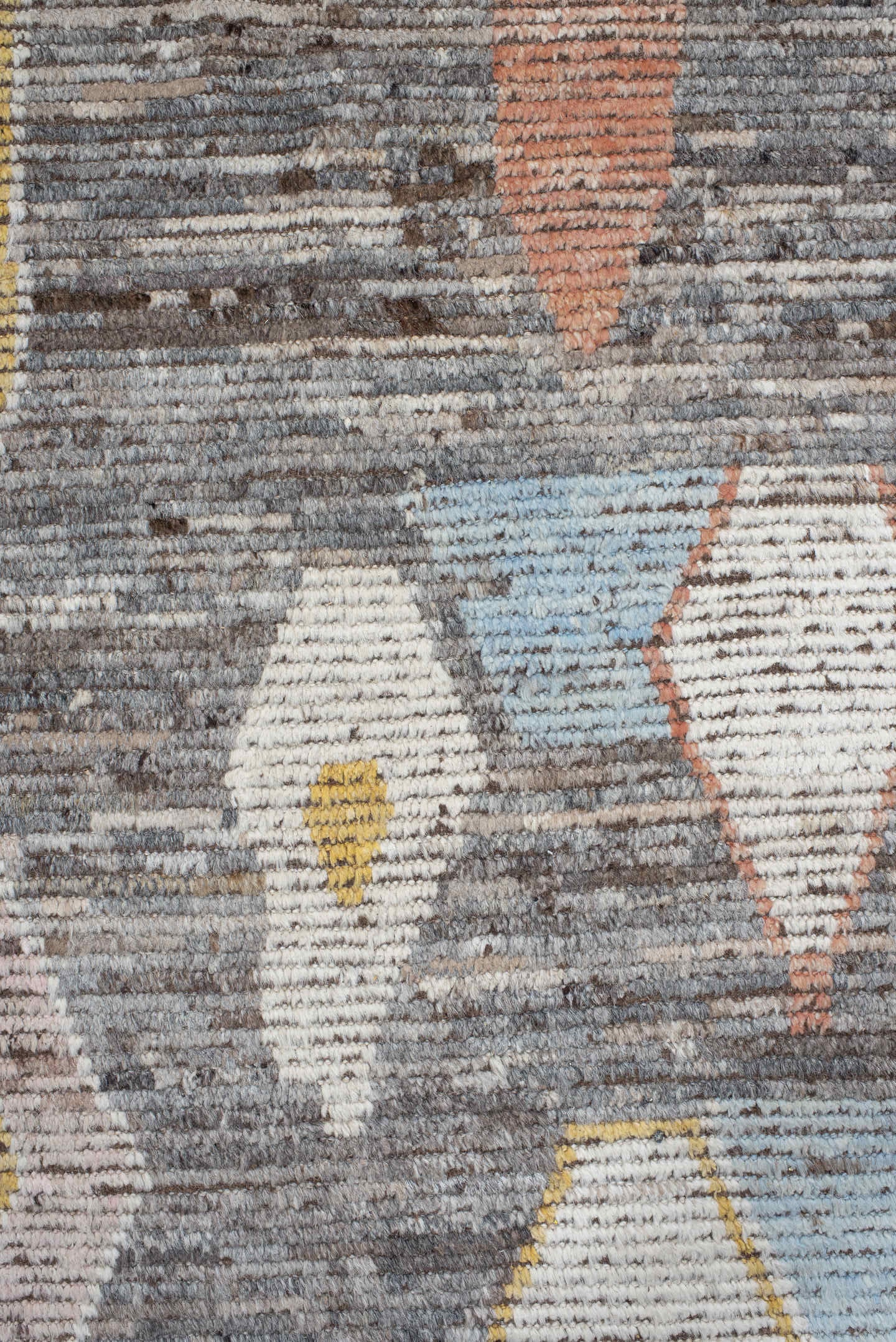 10' x 13' one-of-a-kind handmade vintage Tulu large size rug. Color palette: brown, ivory, gold, sky_blue, coral, taupe