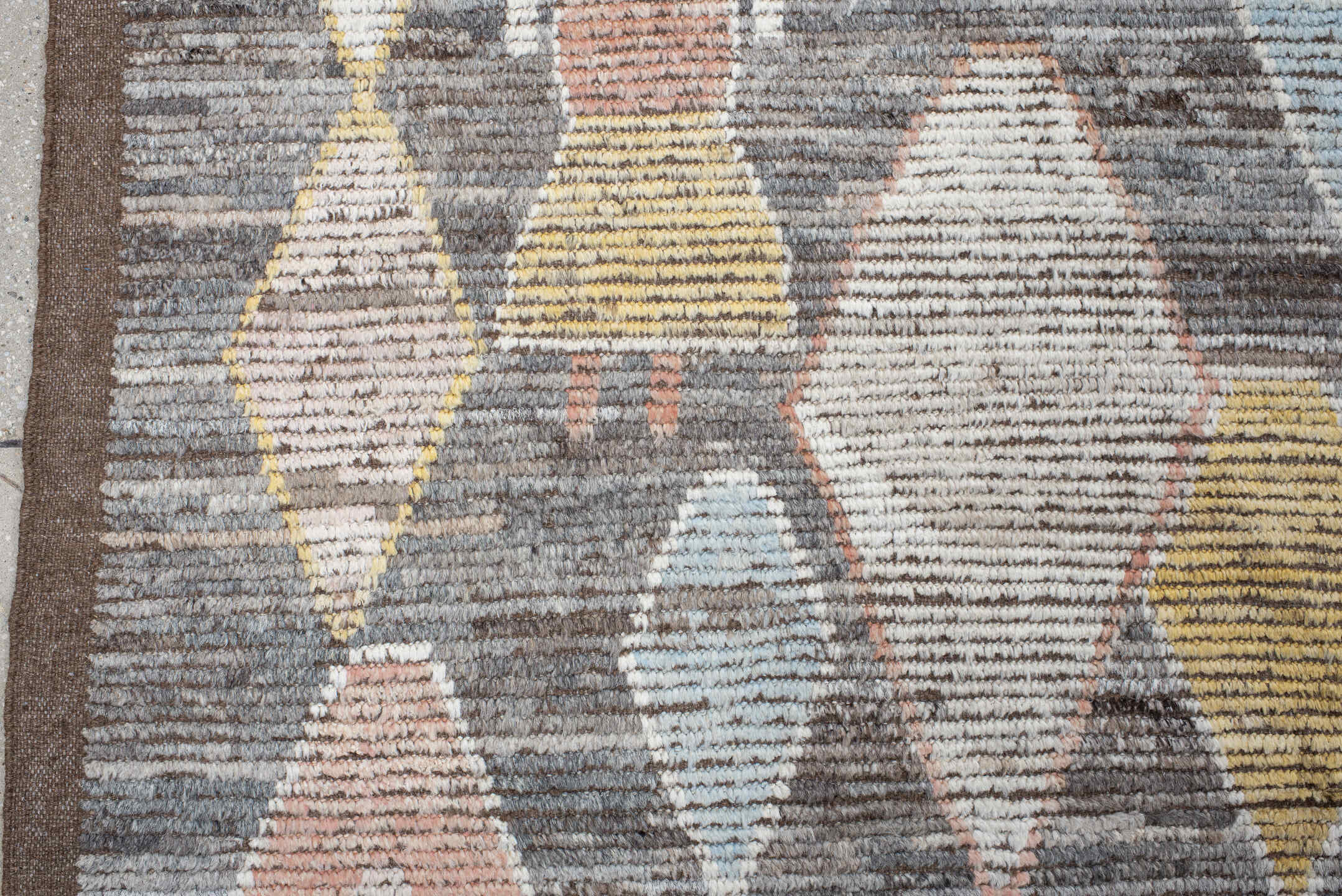 10' x 13' one-of-a-kind handmade vintage Tulu large size rug. Color palette: brown, ivory, gold, sky_blue, coral, taupe