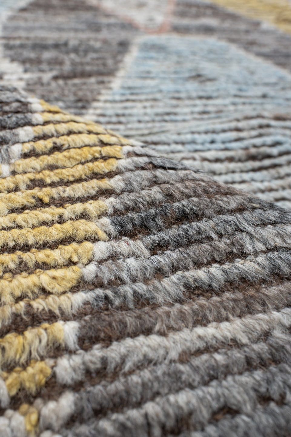 10' x 13' one-of-a-kind handmade vintage Tulu large size rug. Color palette: brown, ivory, gold, sky_blue, coral, taupe