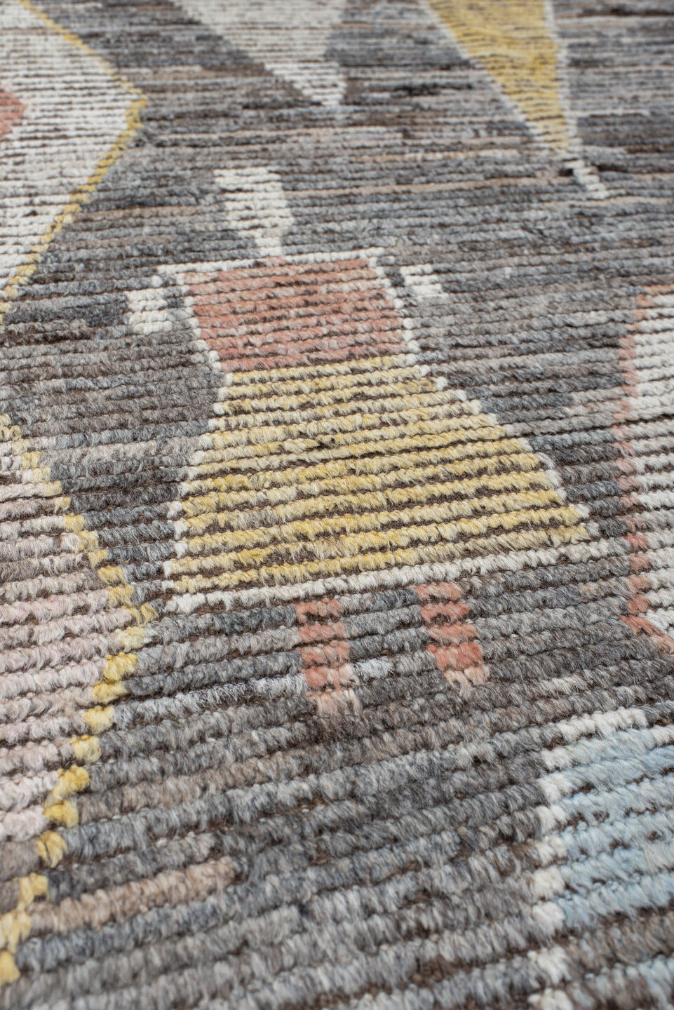 10' x 13' one-of-a-kind handmade vintage Tulu large size rug. Color palette: brown, ivory, gold, sky_blue, coral, taupe