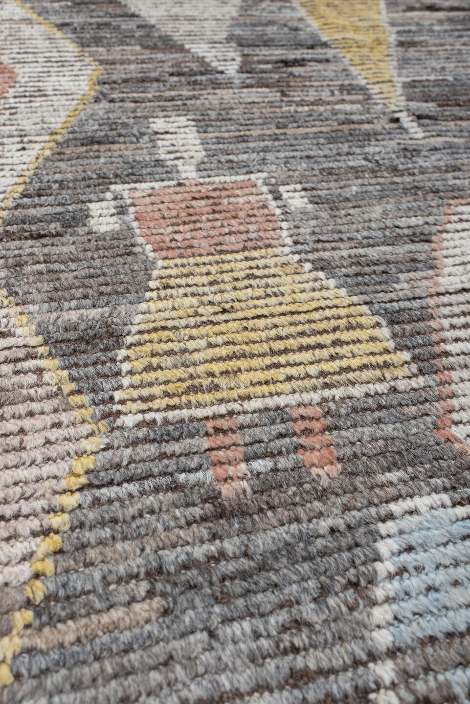10' x 13' one-of-a-kind handmade vintage Tulu large size rug. Color palette: brown, ivory, gold, sky_blue, coral, taupe