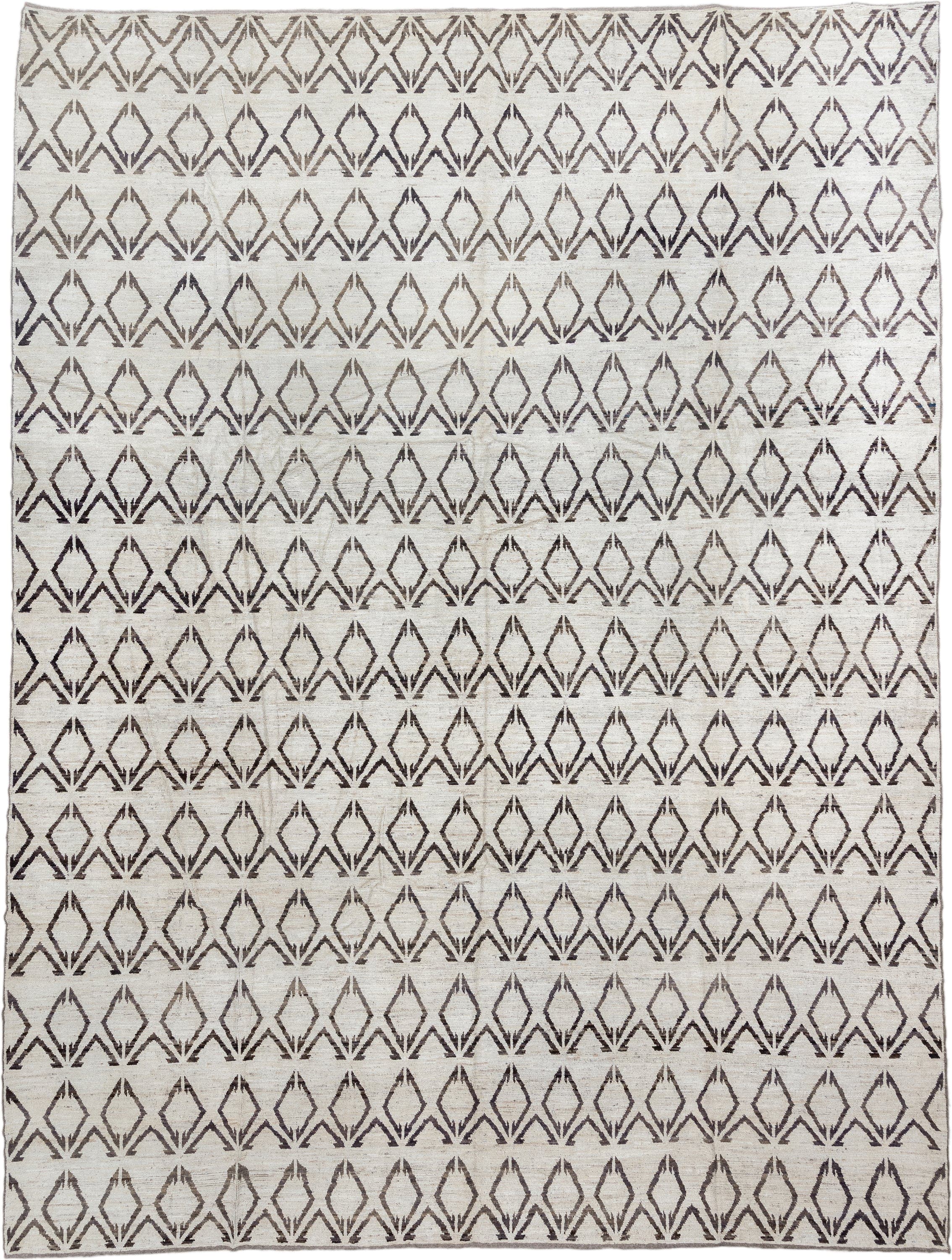 14' x 19' one-of-a-kind handmade vintage Tulu oversize rug. Color palette: ivory, charcoal, taupe, gray, black, beige