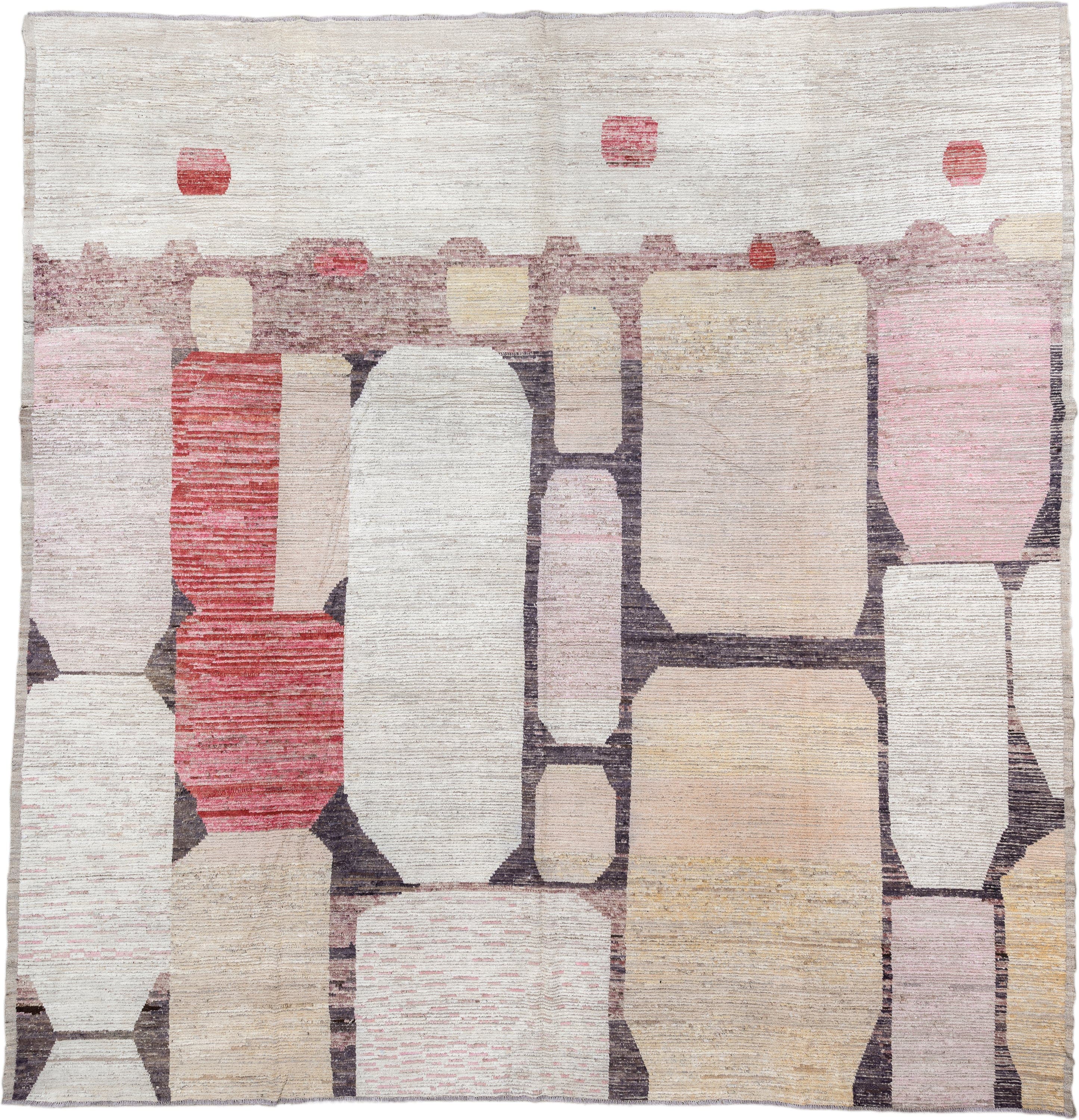 14' x 14' one-of-a-kind handmade vintage Tulu oversize rug. Color palette: ivory, blush, sand, taupe, charcoal, coral, cream