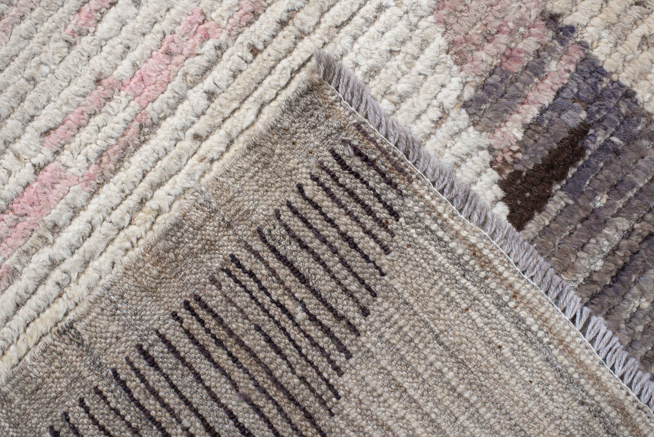 14' x 14' one-of-a-kind handmade vintage Tulu oversize rug. Color palette: brown, dark gray, gainsboro, gray, light gray