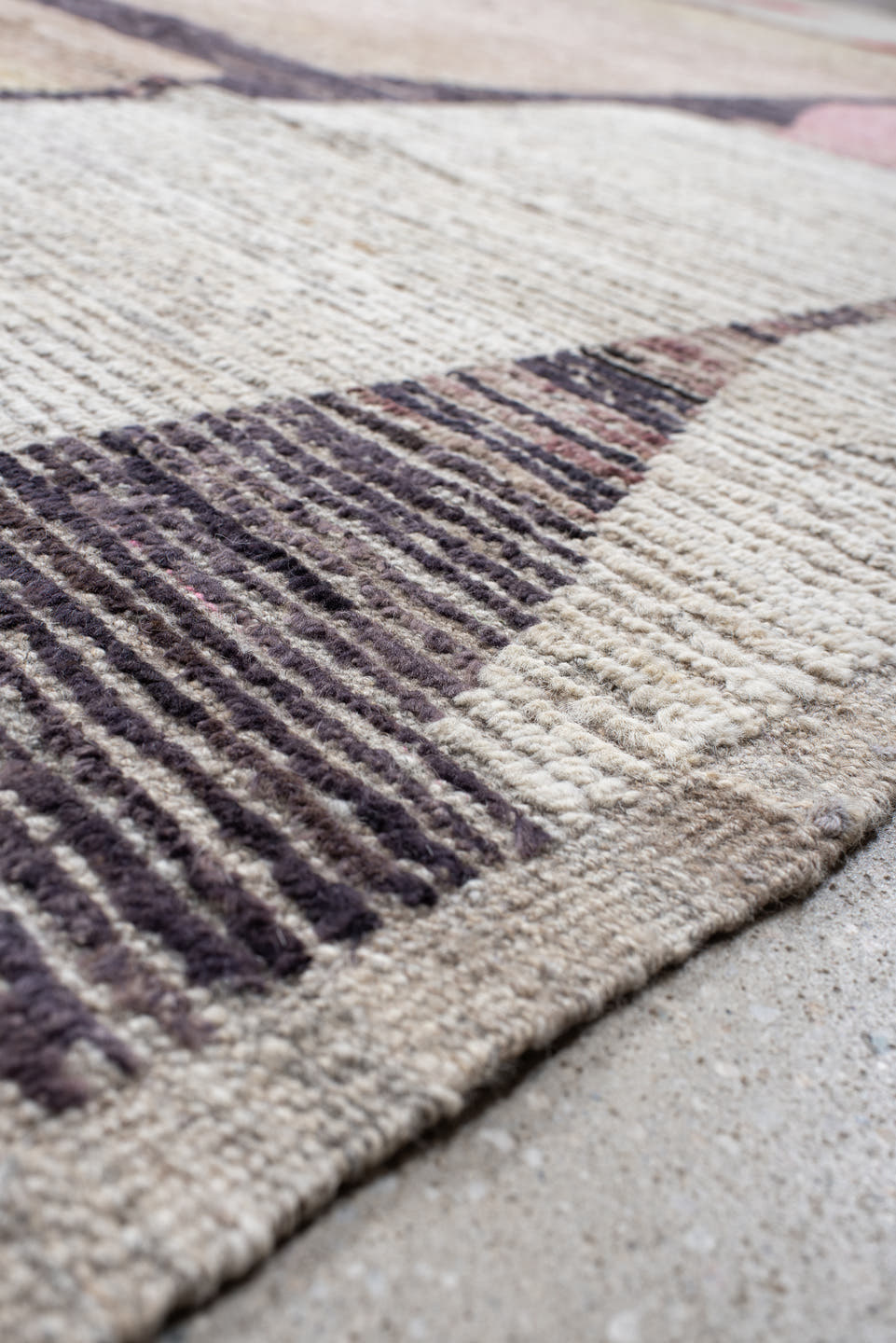 14' x 14' one-of-a-kind handmade vintage Tulu oversize rug. Color palette: ivory, blush, sand, taupe, charcoal, coral, cream