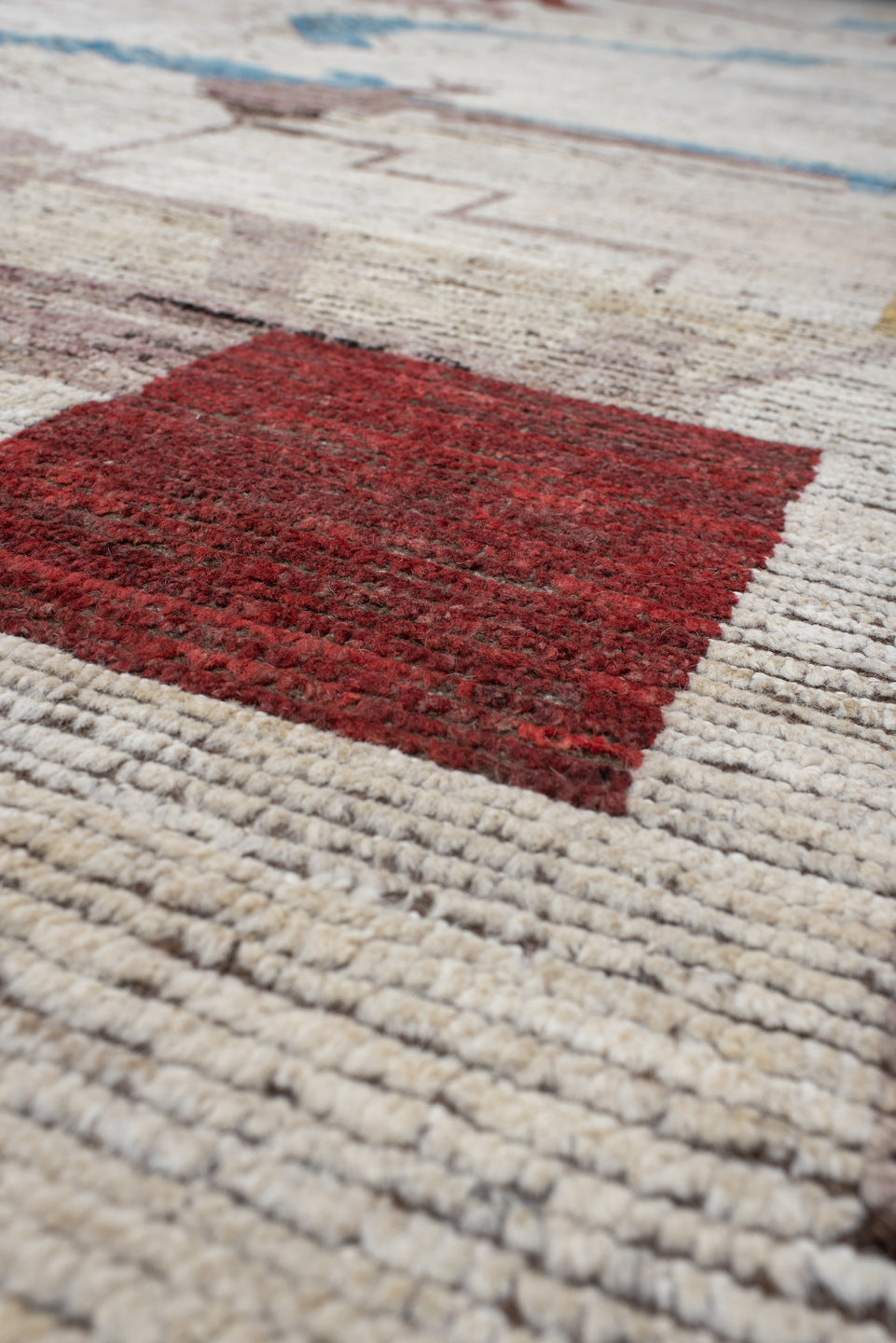 16' x 20' one-of-a-kind handmade vintage Tulu oversize rug. Color palette: ivory, rust, blush, sky blue, soft gold, taupe