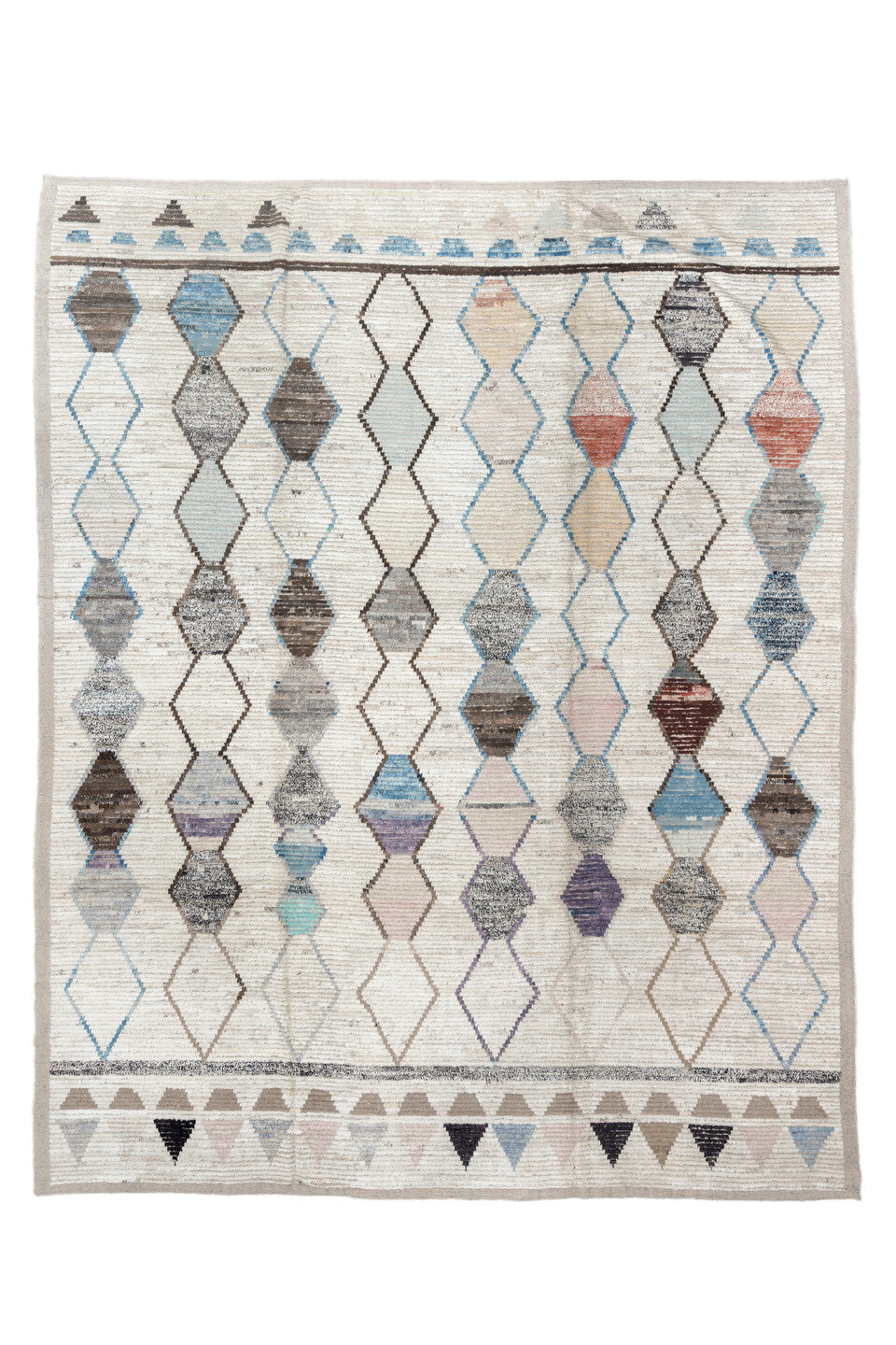 11' x 13' one-of-a-kind handmade vintage Tulu oversize rug. Color palette: blue, brown, dark gray, gainsboro, gray
