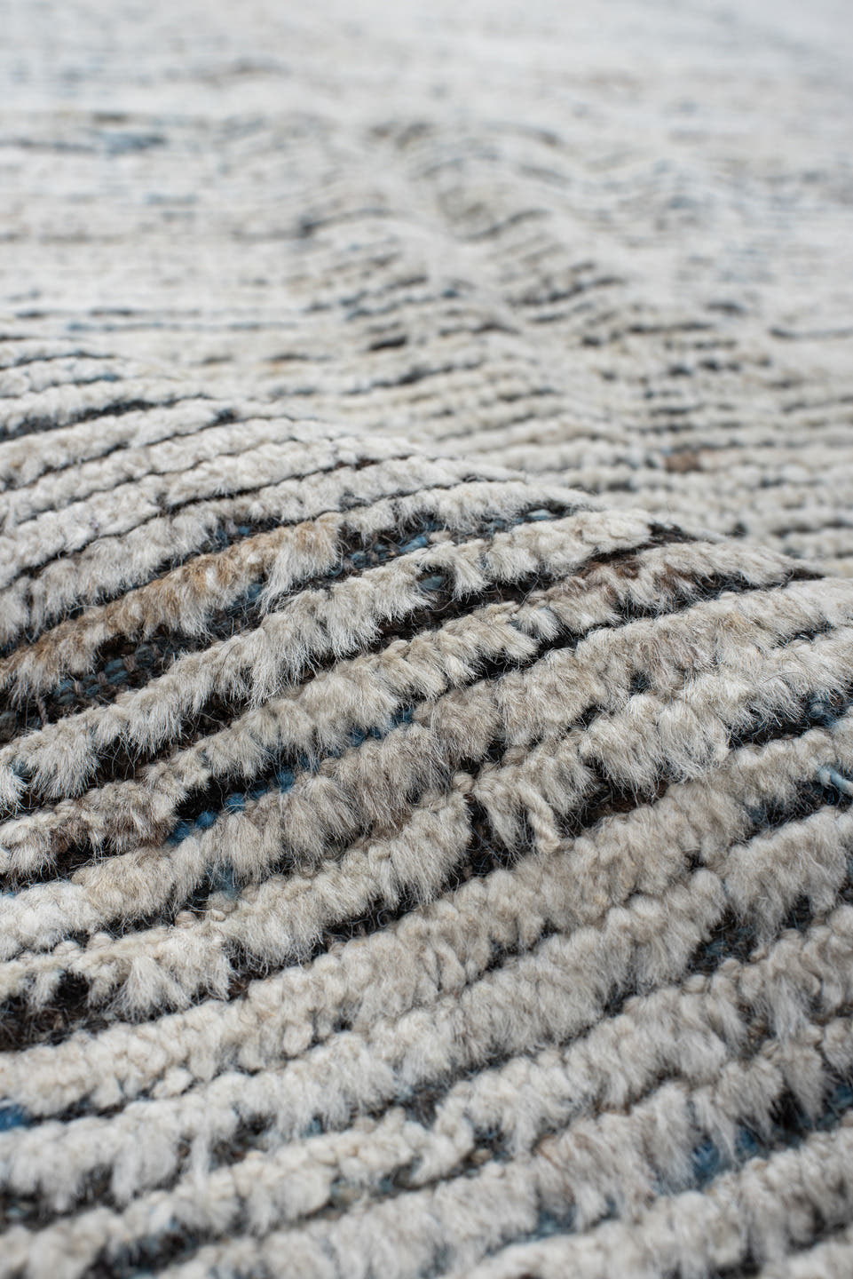 10' x 13' one-of-a-kind handmade vintage Tulu large size rug. Color palette: ivory, charcoal, slate, cream, gray, black