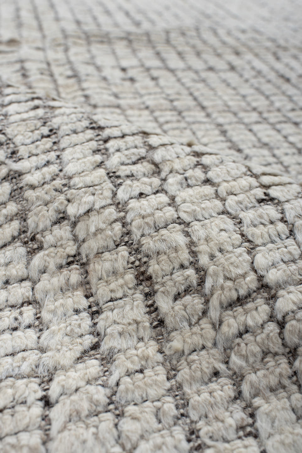 9' x 11' one-of-a-kind handmade vintage Tulu large size rug. Color palette: ivory, gray, taupe, beige