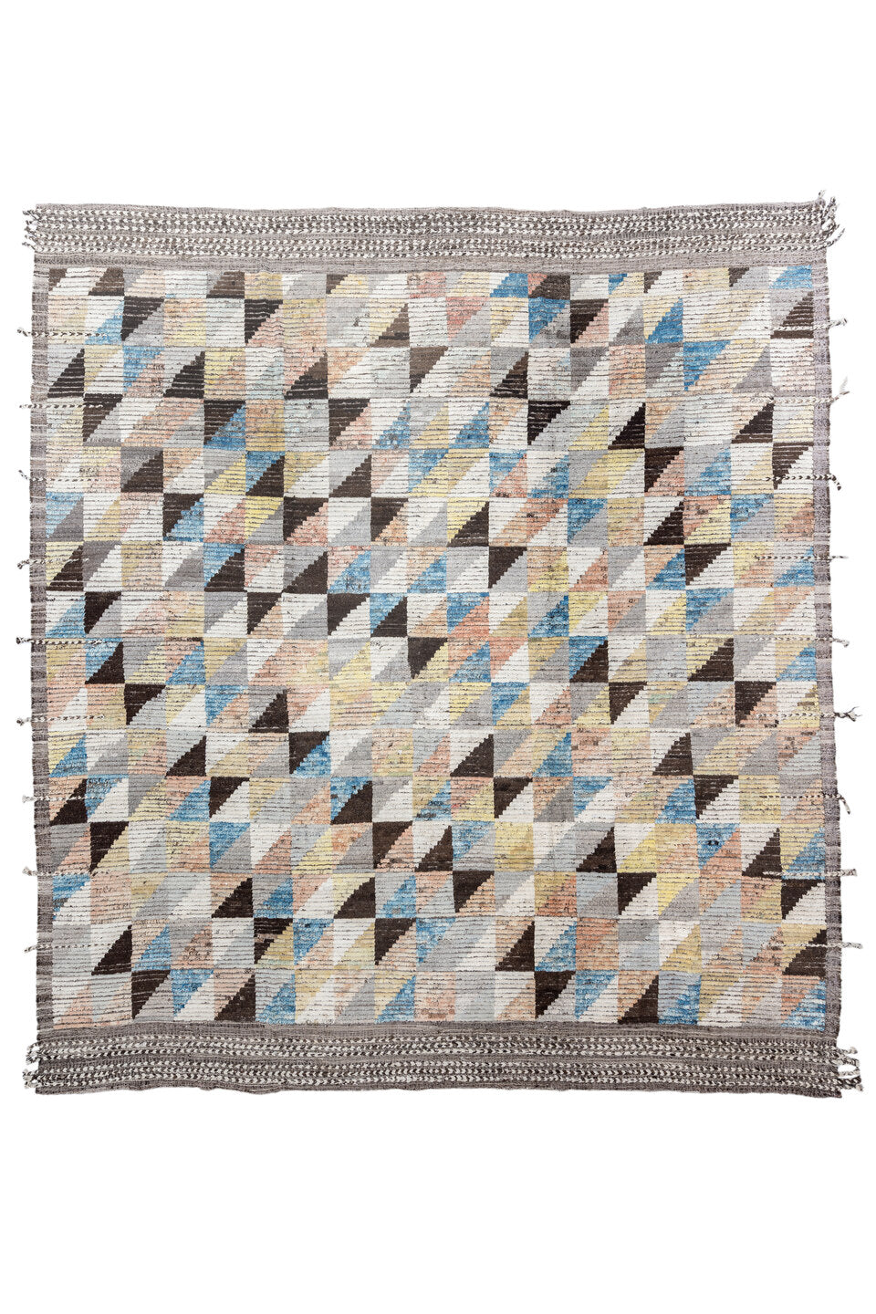 13' x 14' one-of-a-kind handmade vintage Tulu oversize rug. Color palette: blue, brown, dim gray, gainsboro, gray