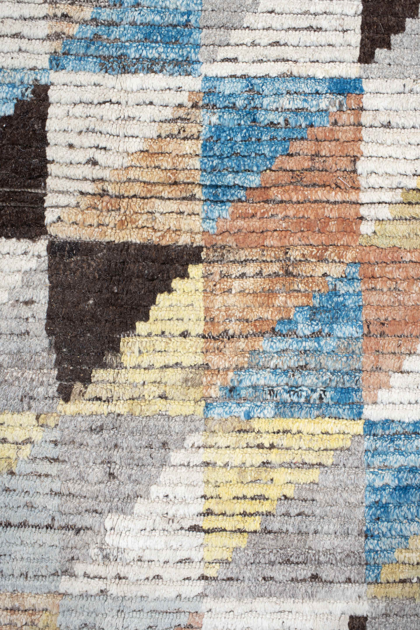 13' x 14' one-of-a-kind handmade vintage Tulu oversize rug. Color palette: ivory, gray, charcoal, sky blue, pale yellow