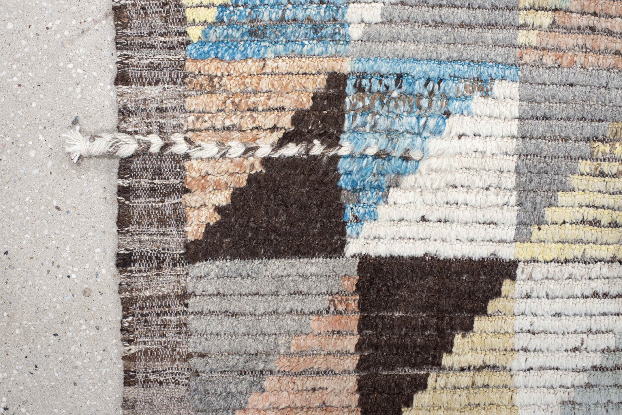 13' x 14' one-of-a-kind handmade vintage Tulu oversize rug. Color palette: ivory, gray, charcoal, sky blue, pale yellow