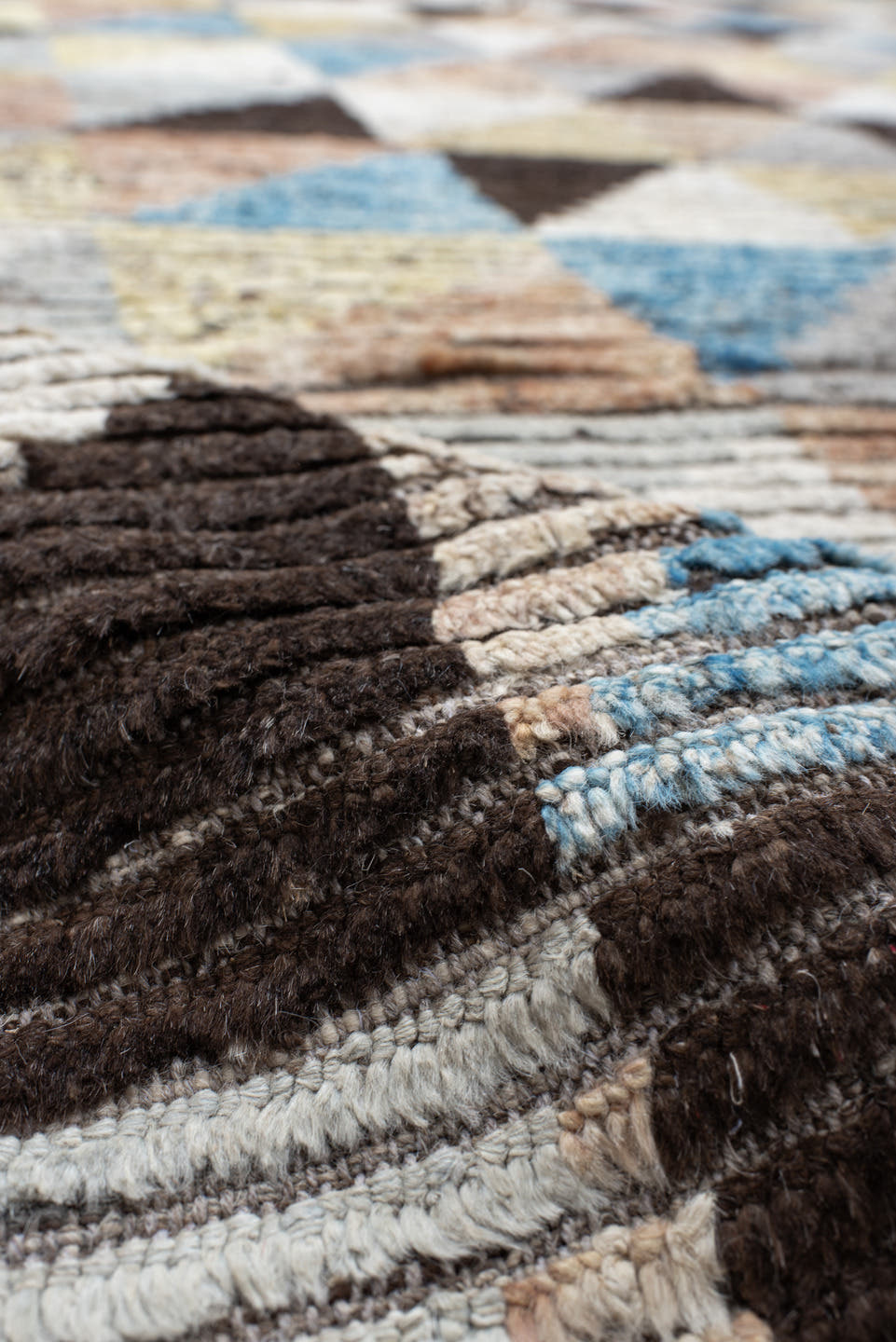 13' x 14' one-of-a-kind handmade vintage Tulu oversize rug. Color palette: ivory, gray, charcoal, sky blue, pale yellow