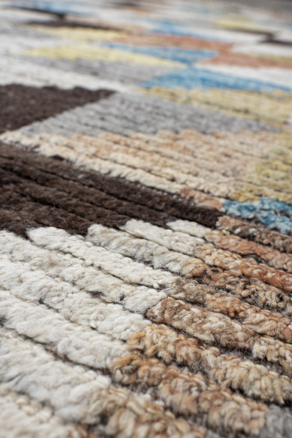 13' x 14' one-of-a-kind handmade vintage Tulu oversize rug. Color palette: ivory, gray, charcoal, sky blue, pale yellow