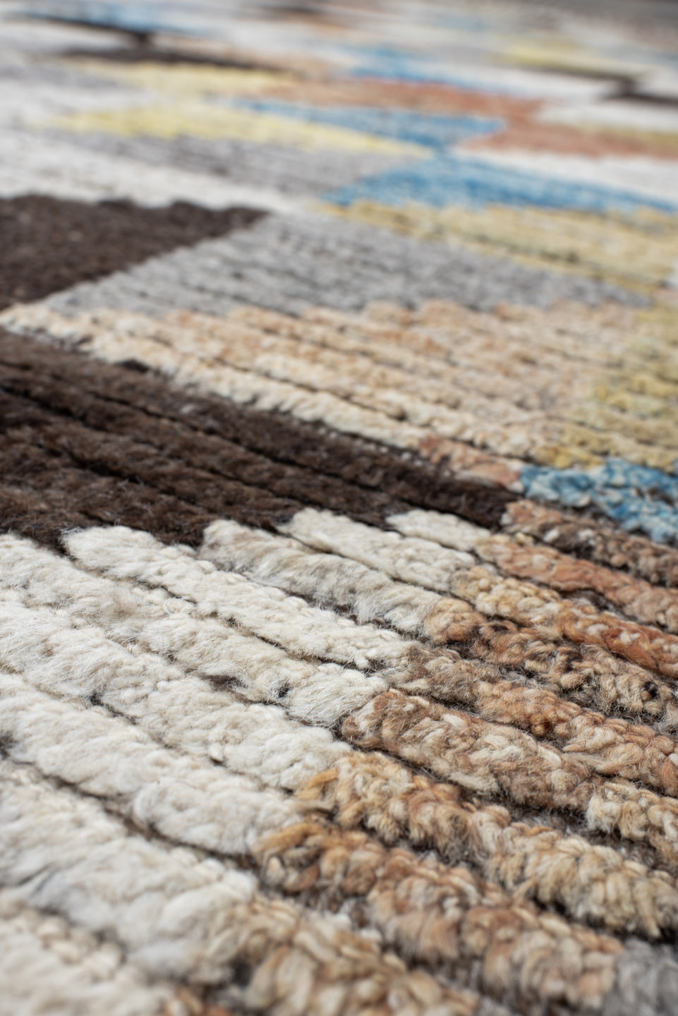 13' x 14' one-of-a-kind handmade vintage Tulu oversize rug. Color palette: ivory, gray, charcoal, sky blue, pale yellow