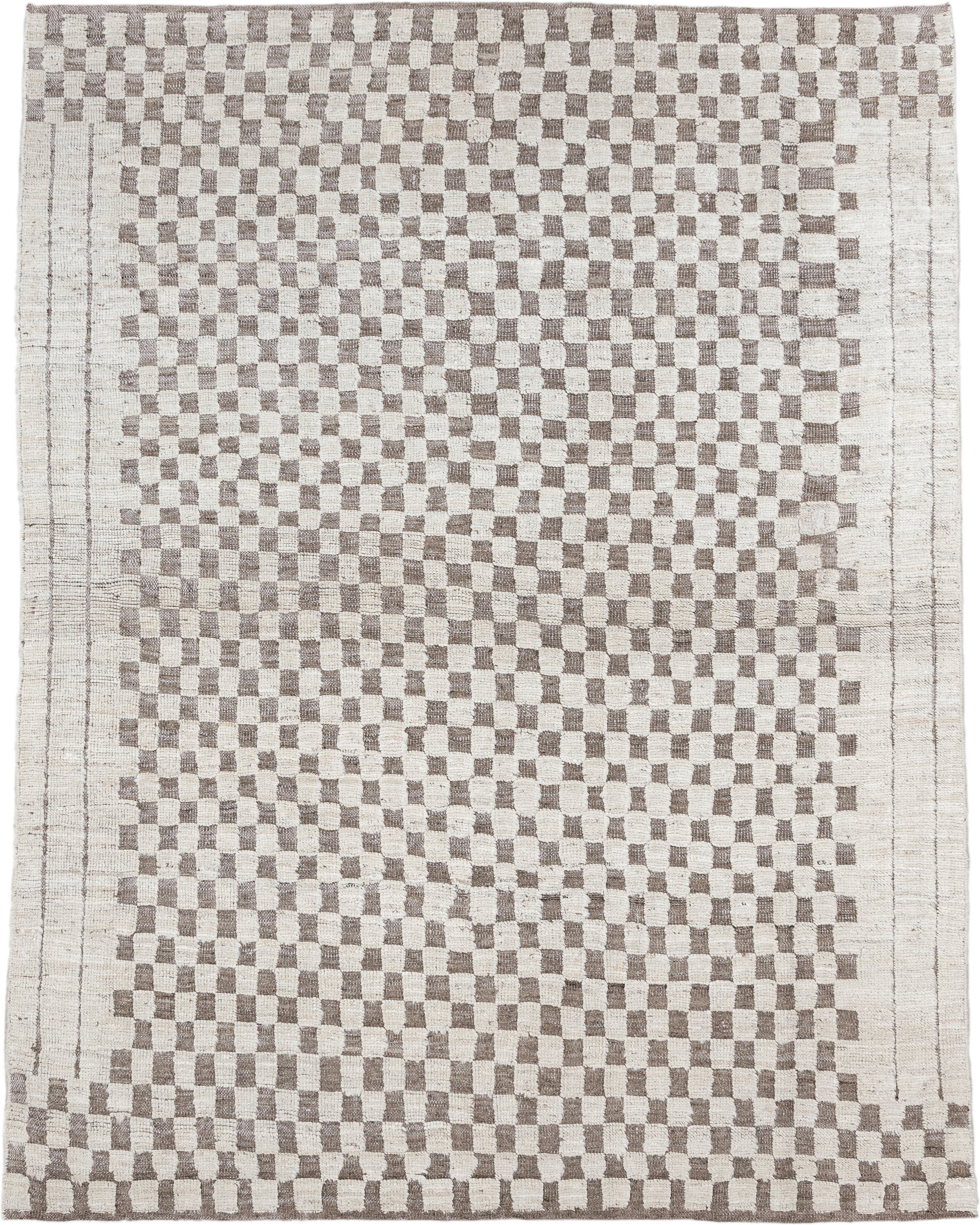 5' x 6' one-of-a-kind handmade vintage Tulu rug. Color palette: ivory, taupe, beige, gray
