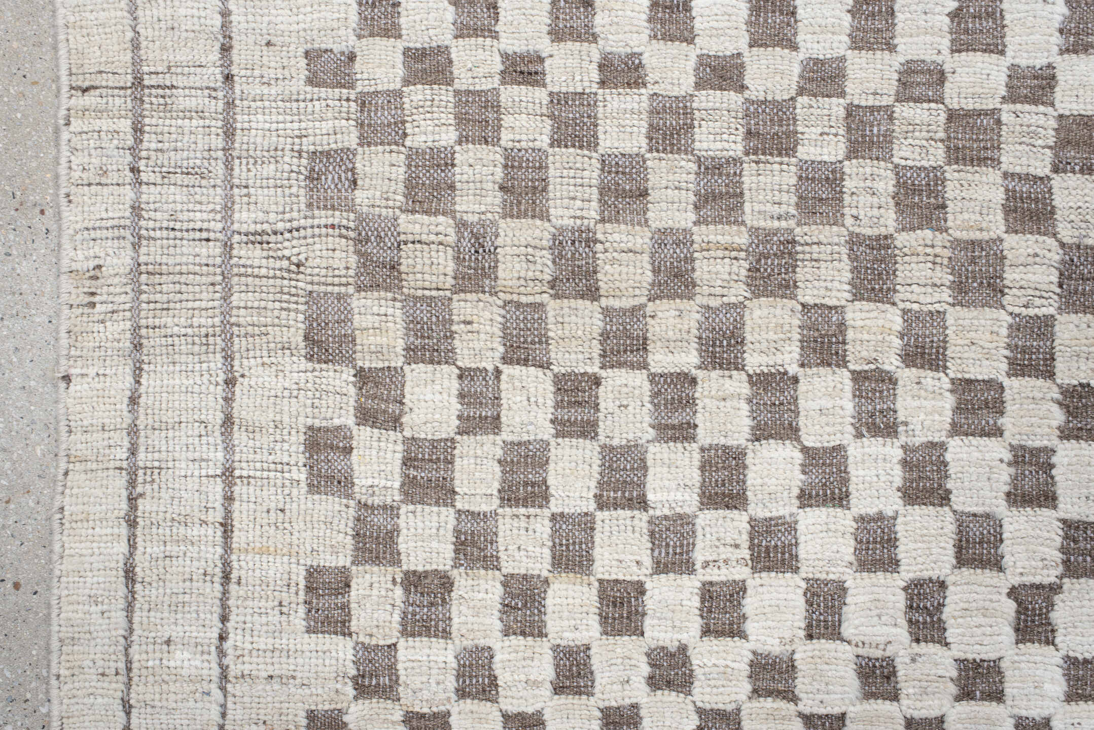 5' x 6' one-of-a-kind handmade vintage Tulu rug. Color palette: ivory, taupe, beige, gray