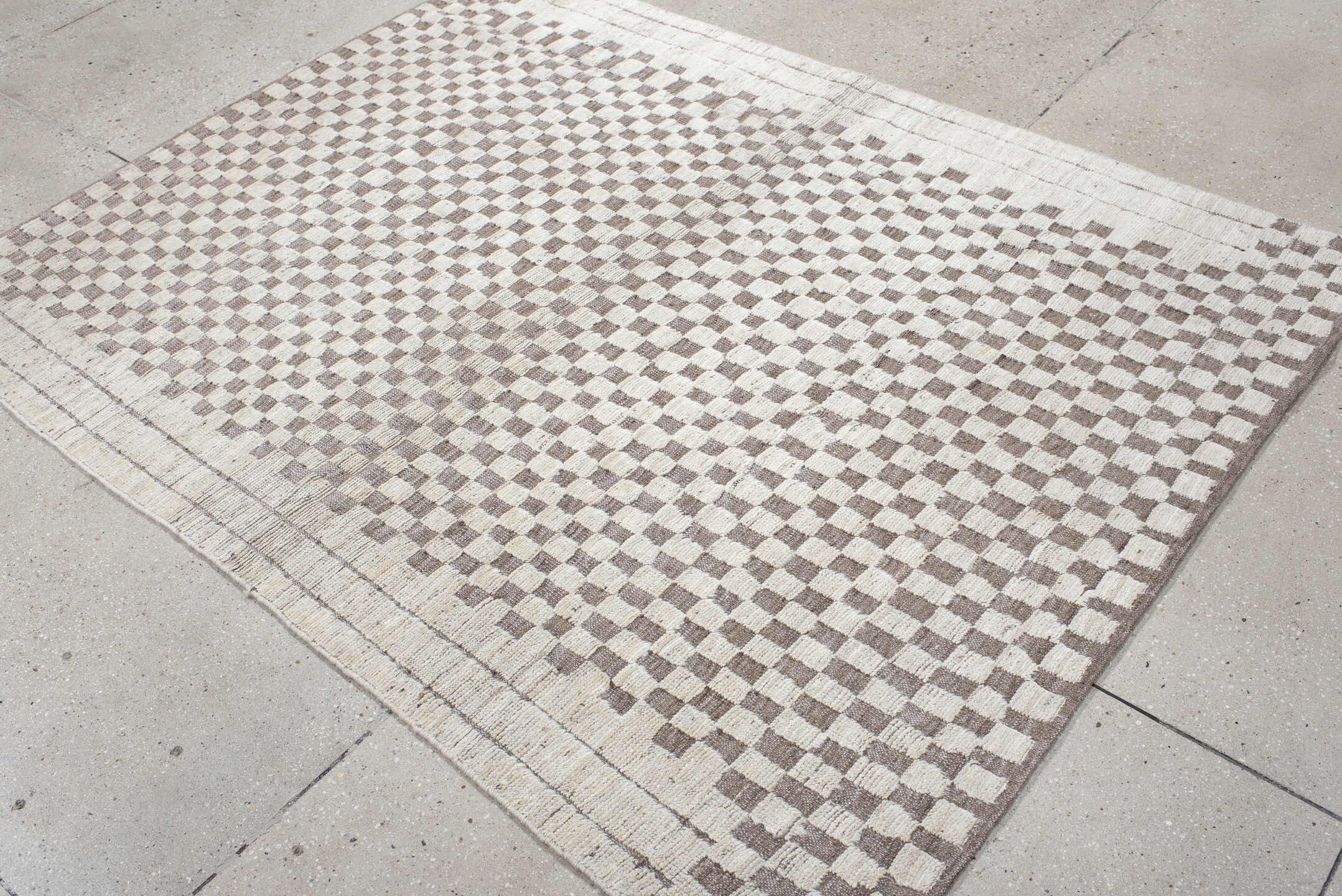 5' x 6' one-of-a-kind handmade vintage Tulu rug. Color palette: dark gray, gainsboro, gray, light gray, linen, off-white