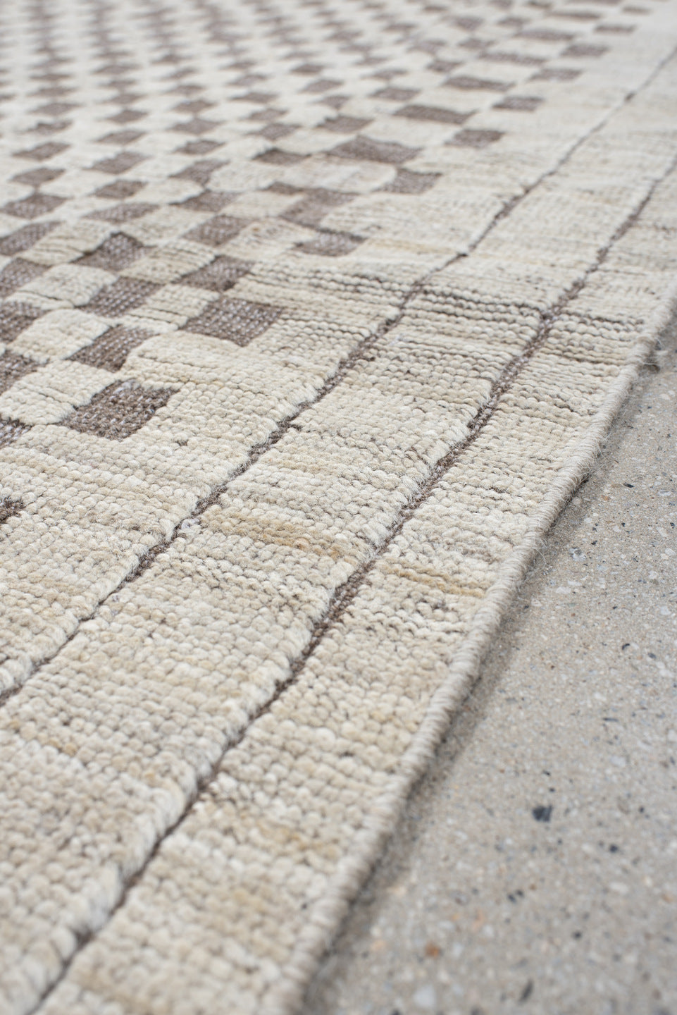 5' x 6' one-of-a-kind handmade vintage Tulu rug. Color palette: ivory, taupe, beige, gray