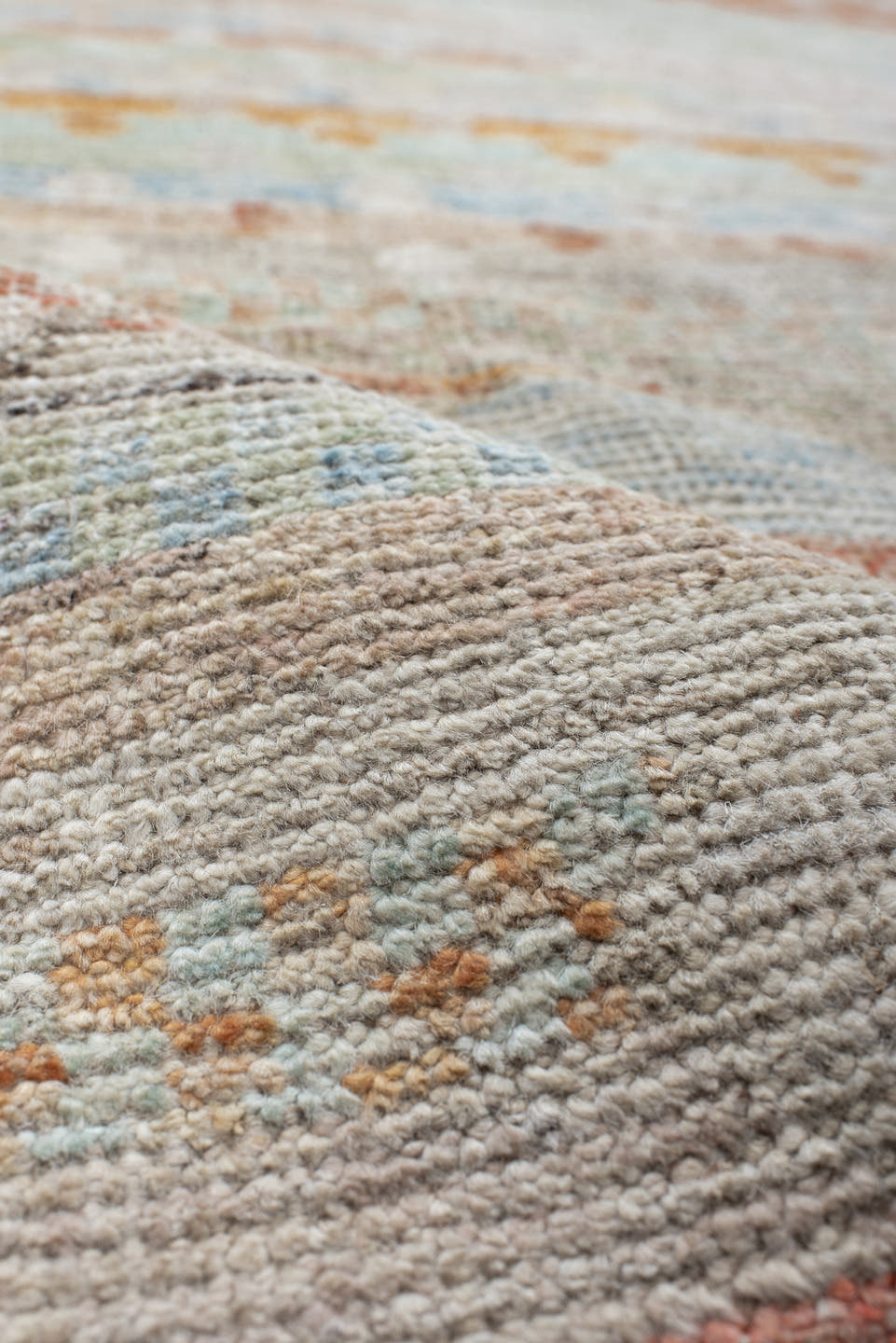 9' x 11' one-of-a-kind handmade vintage Tulu large size rug. Color palette: ivory, taupe, pale aqua, terracotta, sage, sand