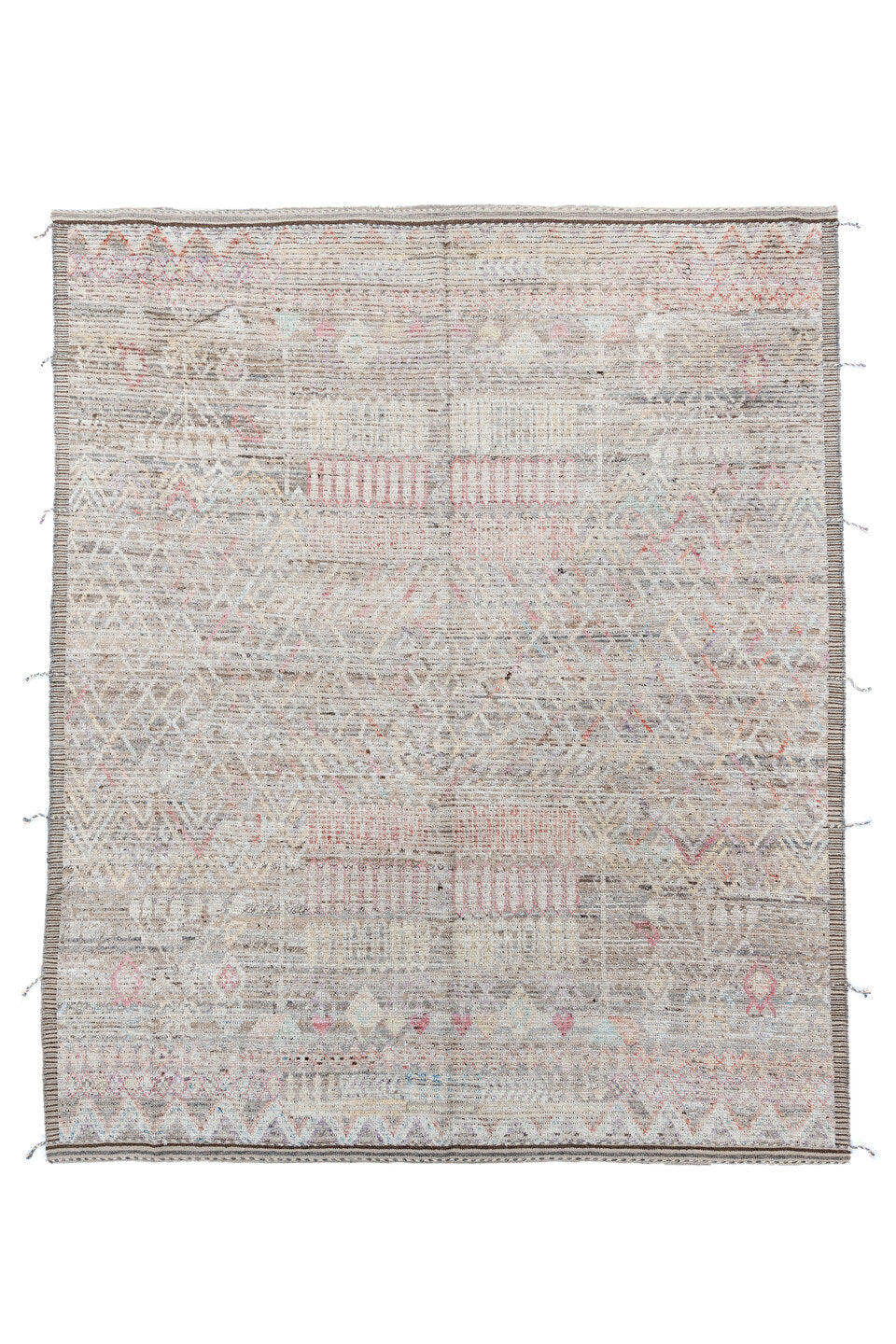 8' x 9' one-of-a-kind handmade vintage Tulu rug. Color palette: brown, dark gray, dim gray, gainsboro, gray, light gray