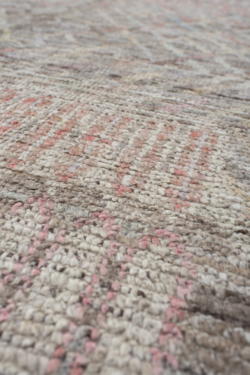 8' x 9' one-of-a-kind handmade vintage Tulu rug. Color palette: ivory, taupe, gray, blush, pale blue, charcoal, cream, coral