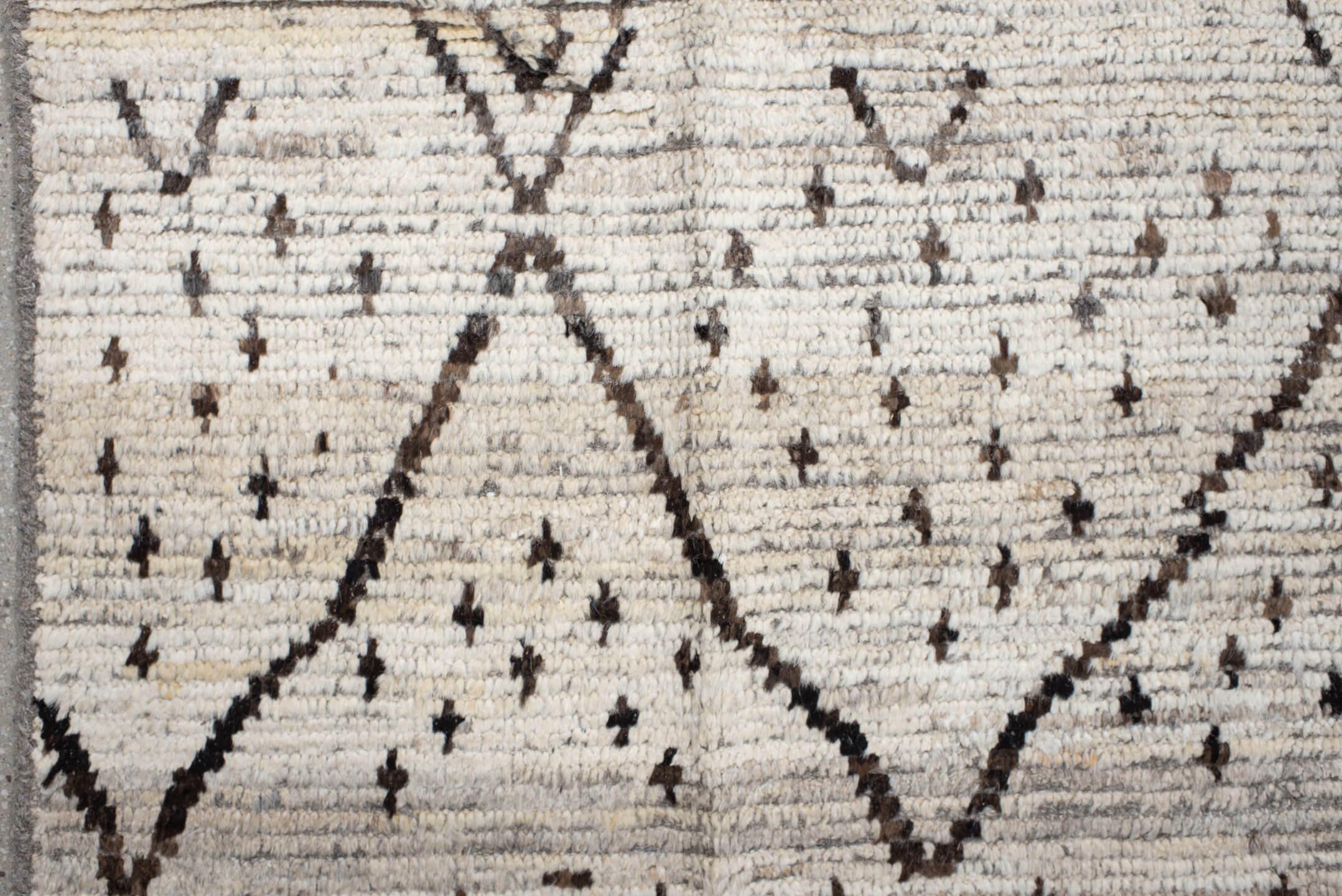 8' x 9' one-of-a-kind handmade vintage Tulu rug. Color palette: ivory, brown, taupe, charcoal, cream, beige, gray, black