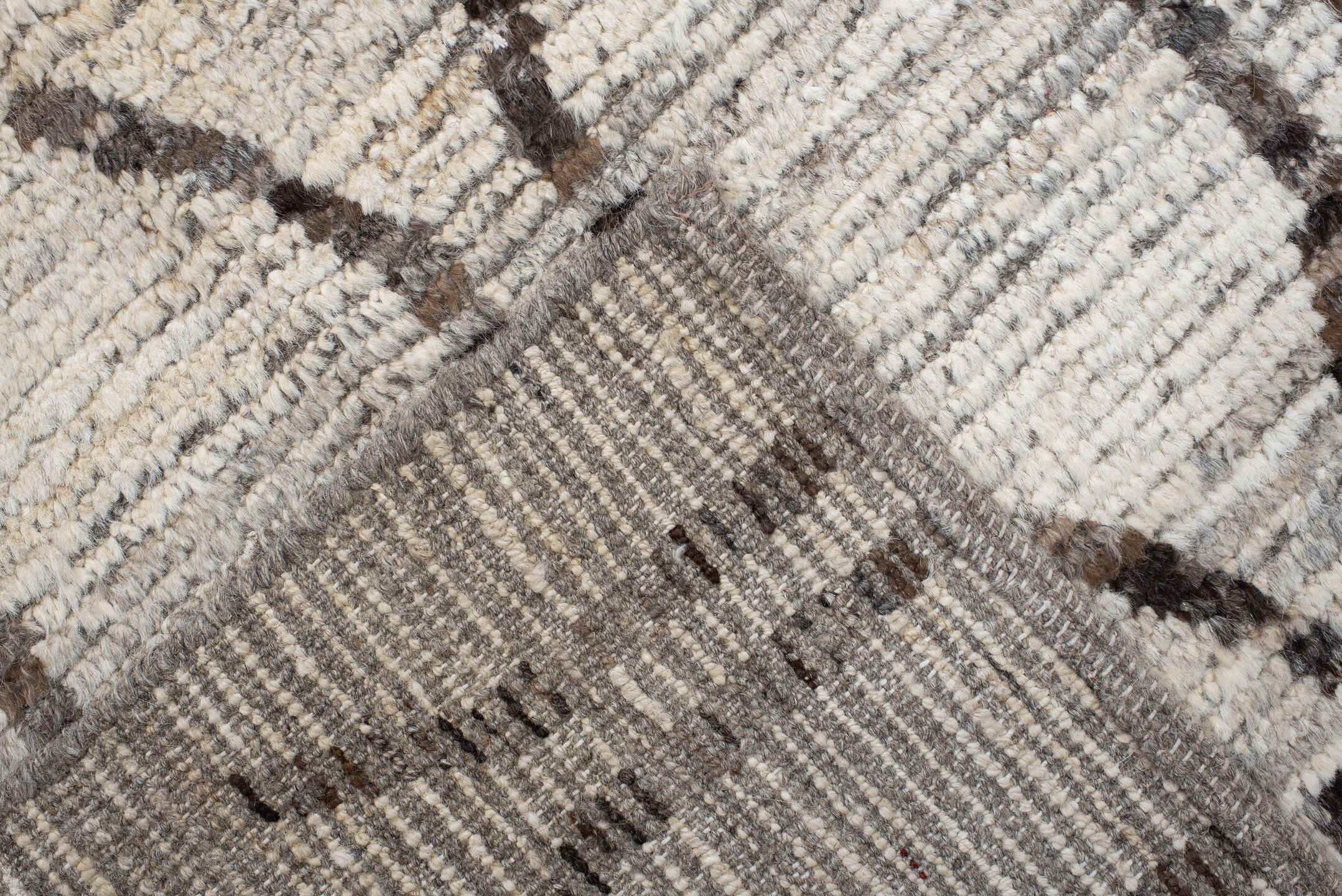 8' x 9' one-of-a-kind handmade vintage Tulu rug. Color palette: ivory, brown, taupe, charcoal, cream, beige, gray, black