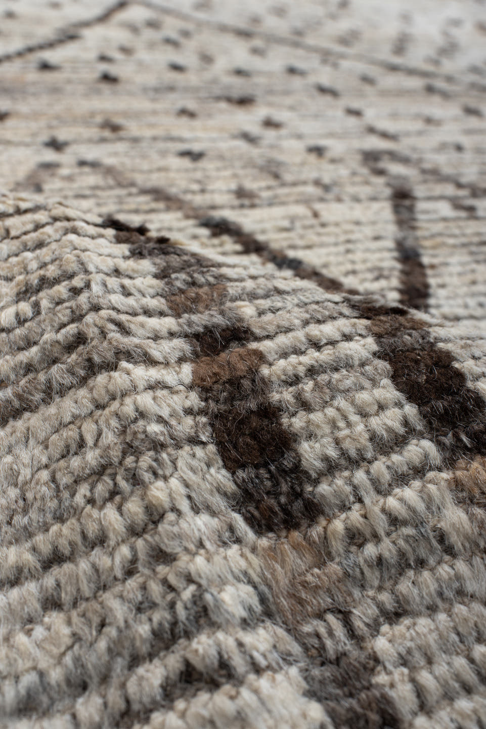 8' x 9' one-of-a-kind handmade vintage Tulu rug. Color palette: ivory, brown, taupe, charcoal, cream, beige, gray, black