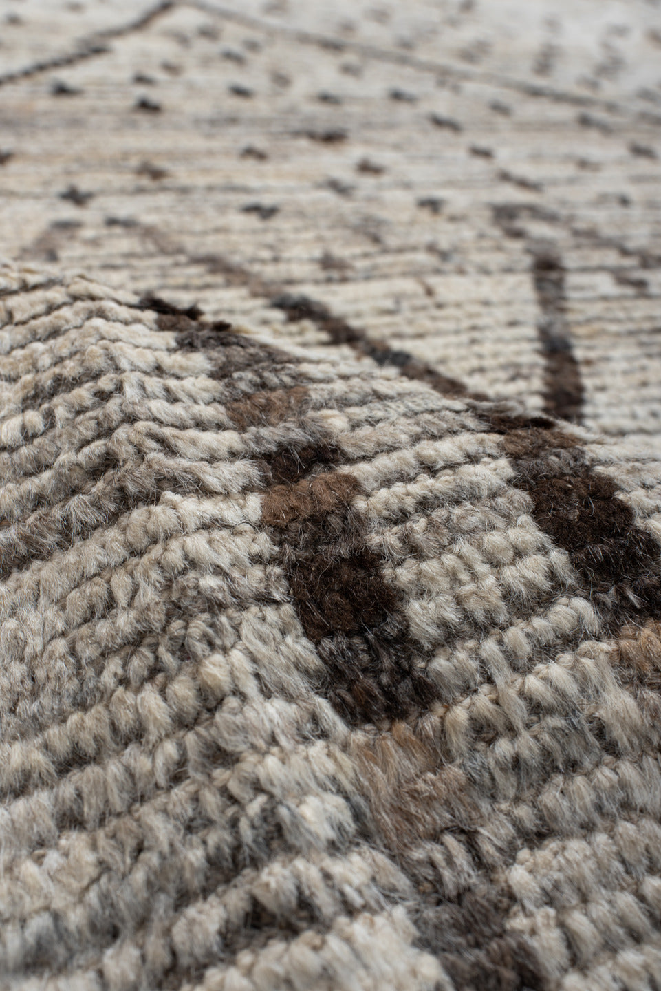 8' x 9' one-of-a-kind handmade vintage Tulu rug. Color palette: ivory, brown, taupe, charcoal, cream, beige, gray, black