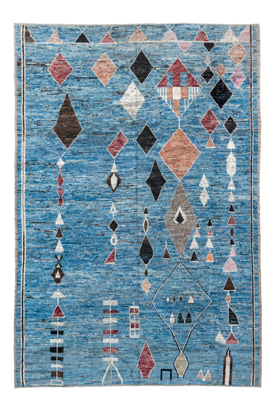 9' x 13' one-of-a-kind handmade vintage Tulu large size rug. Color palette: arapawa, black, blue, brown, gray, light blue