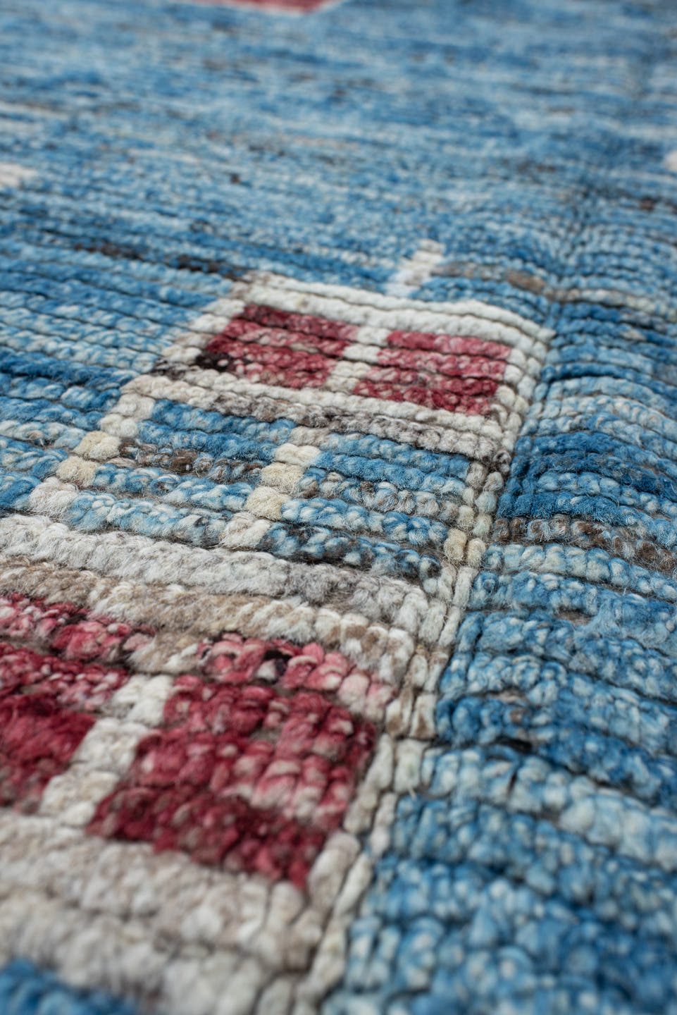 9' x 13' one-of-a-kind handmade vintage Tulu large size rug. Color palette: sky blue, ivory, charcoal, rose, taupe, brown