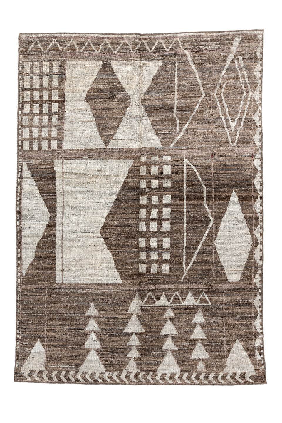 7' x 9' one-of-a-kind handmade vintage Tulu rug. Color palette: off-white, gray, light gray, black, blue, pink, gainsboro