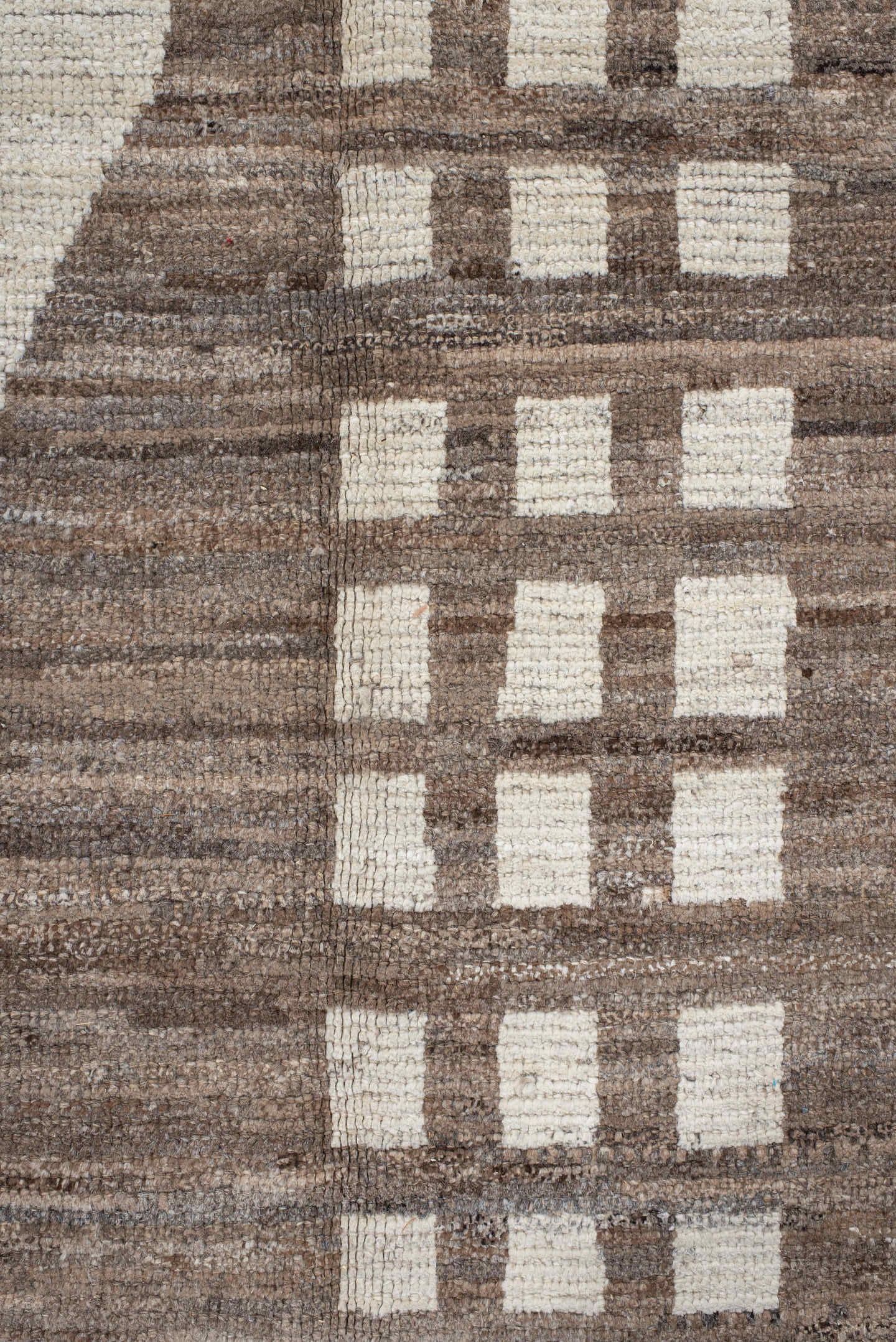 7' x 9' one-of-a-kind handmade vintage Tulu rug. Color palette: ivory, taupe, brown, charcoal, cream, rose, slate, pale blue