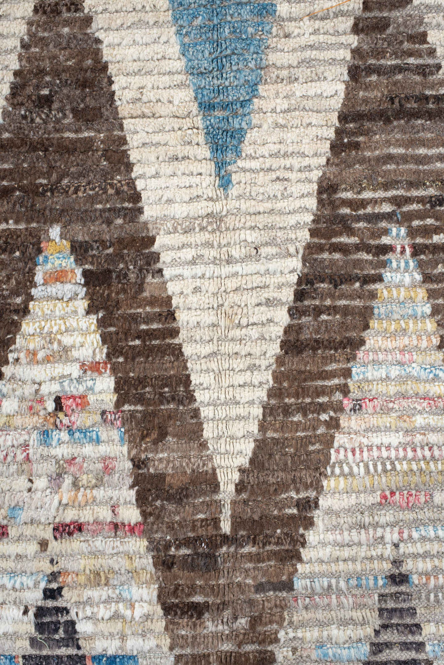 12' x 13' one-of-a-kind handmade vintage Tulu oversize rug. Color palette: ivory, charcoal, taupe, brown, sky blue
