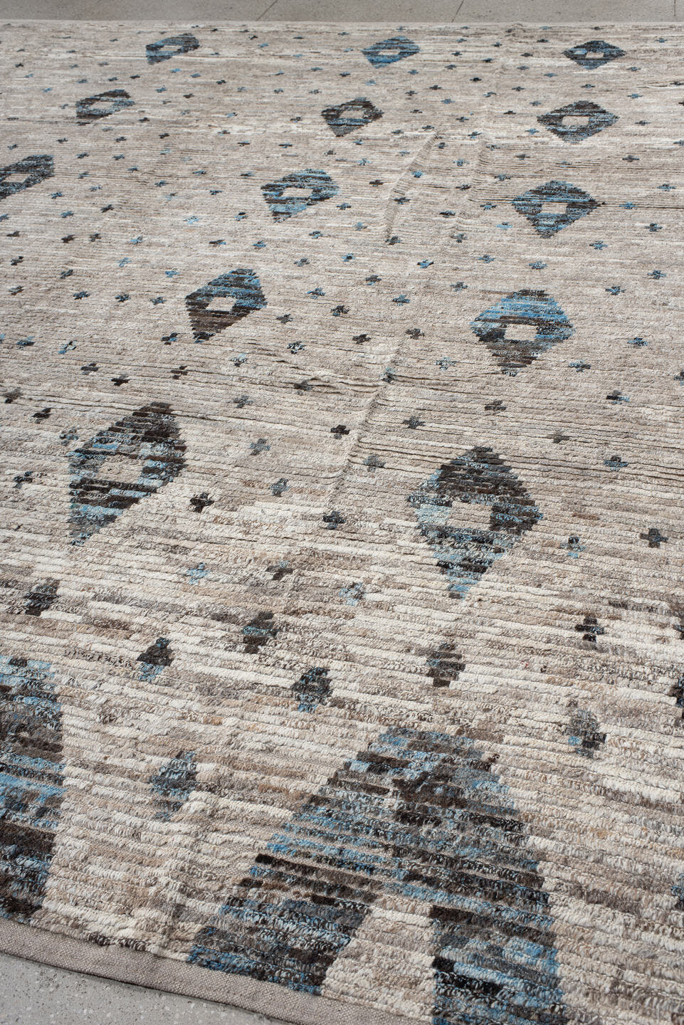 13' x 14' one-of-a-kind handmade vintage Tulu oversize rug. Color palette: ivory, taupe, charcoal, sky_blue, gray, beige