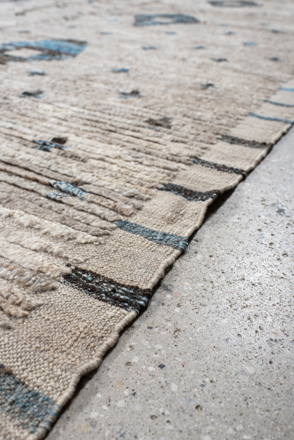 13' x 14' one-of-a-kind handmade vintage Tulu oversize rug. Color palette: ivory, taupe, charcoal, sky_blue, gray, beige
