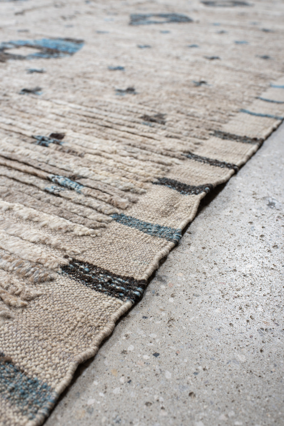 13' x 14' one-of-a-kind handmade vintage Tulu oversize rug. Color palette: ivory, taupe, charcoal, sky_blue, gray, beige