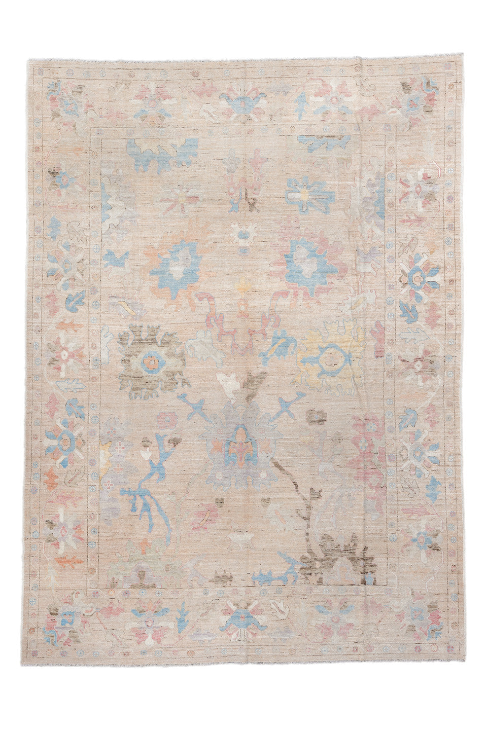 9' x 13' one-of-a-kind handmade vintage Oushak large size rug. Color palette: gray, light gray, off-white, pink, light blue