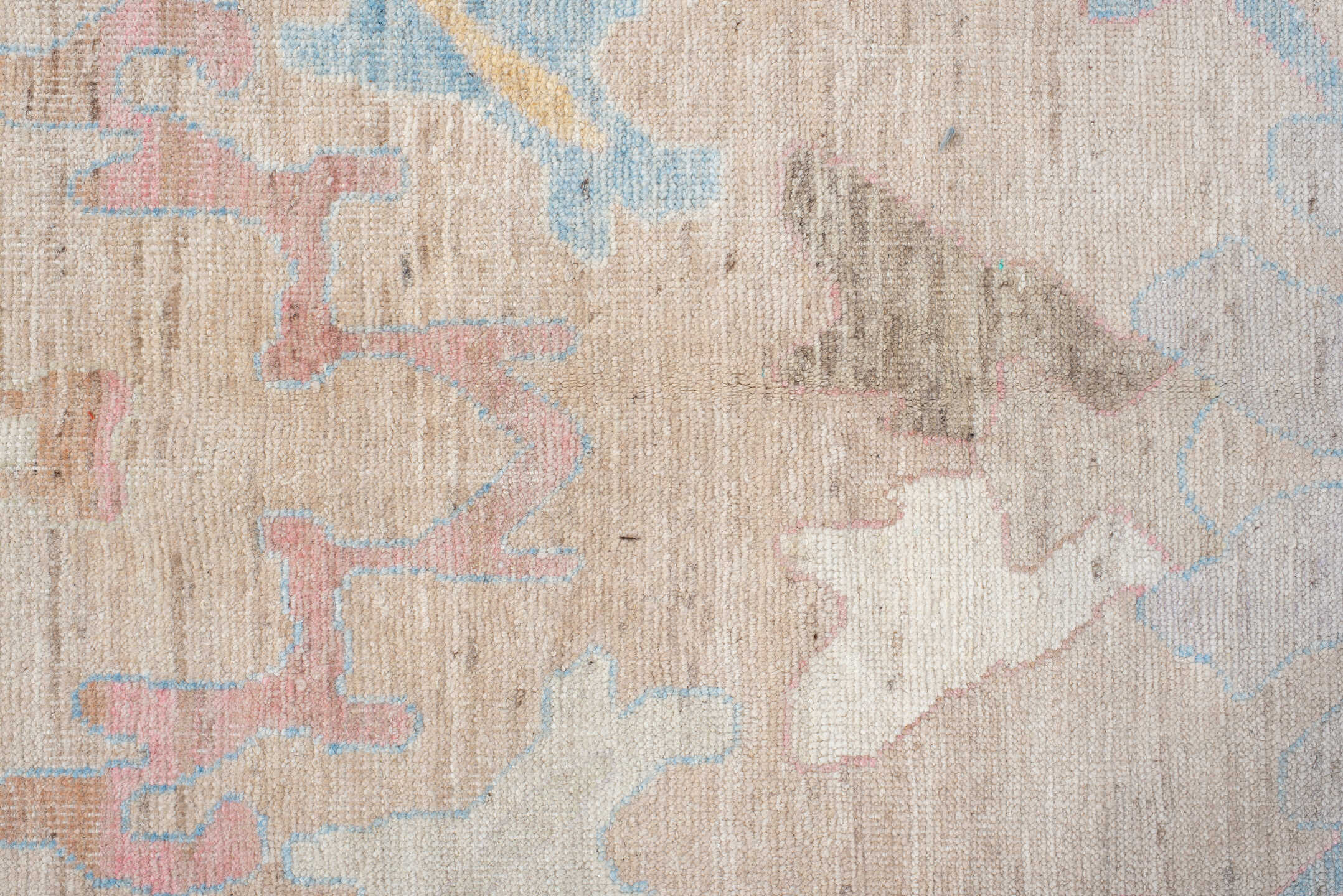 9' x 13' one-of-a-kind handmade vintage Oushak large size rug. Color palette: gray, light gray, off-white, pink, light blue