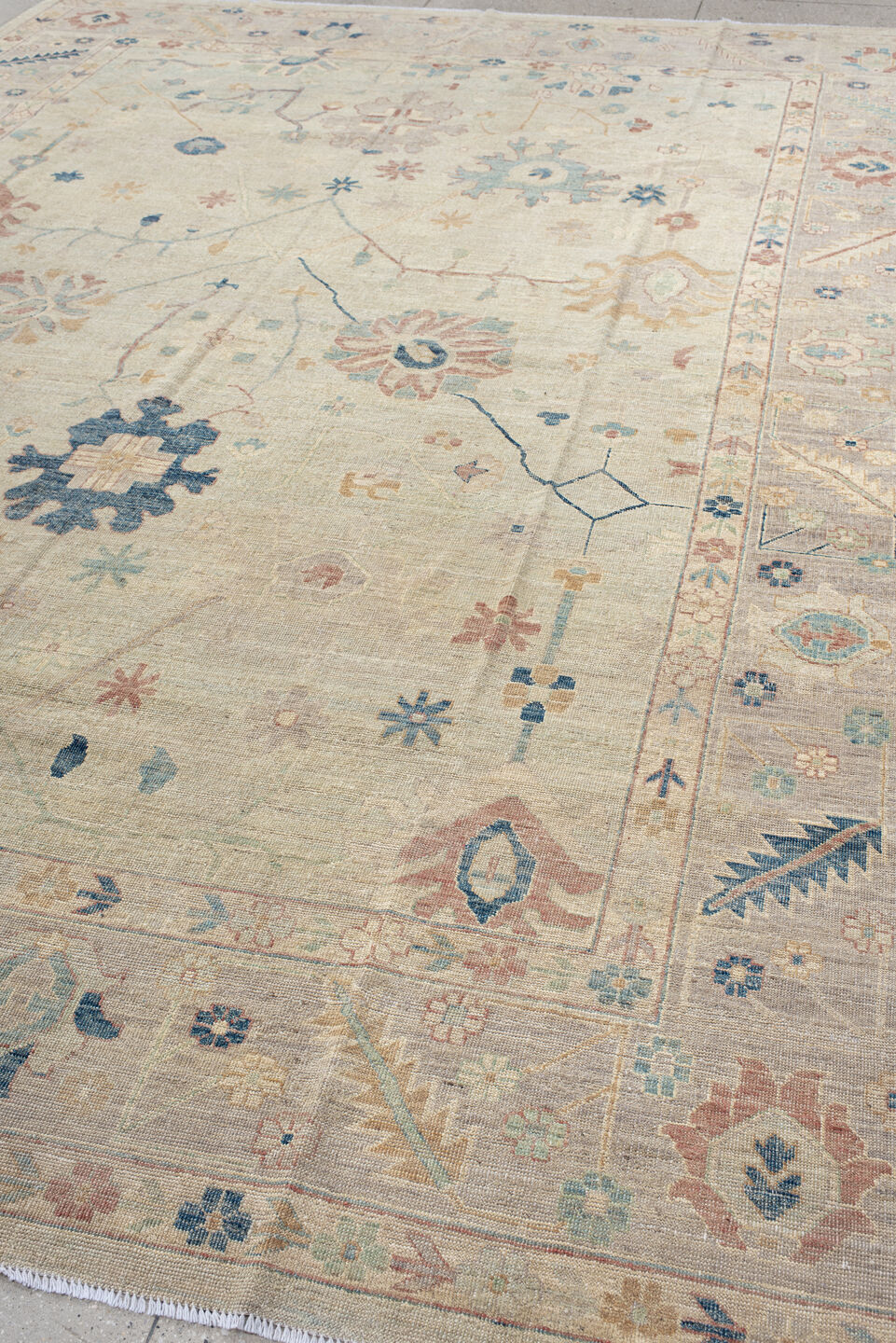 10' x 13' one-of-a-kind handmade vintage Oushak large size rug. Color palette: ivory, beige, pale blue, blush, sage, sand