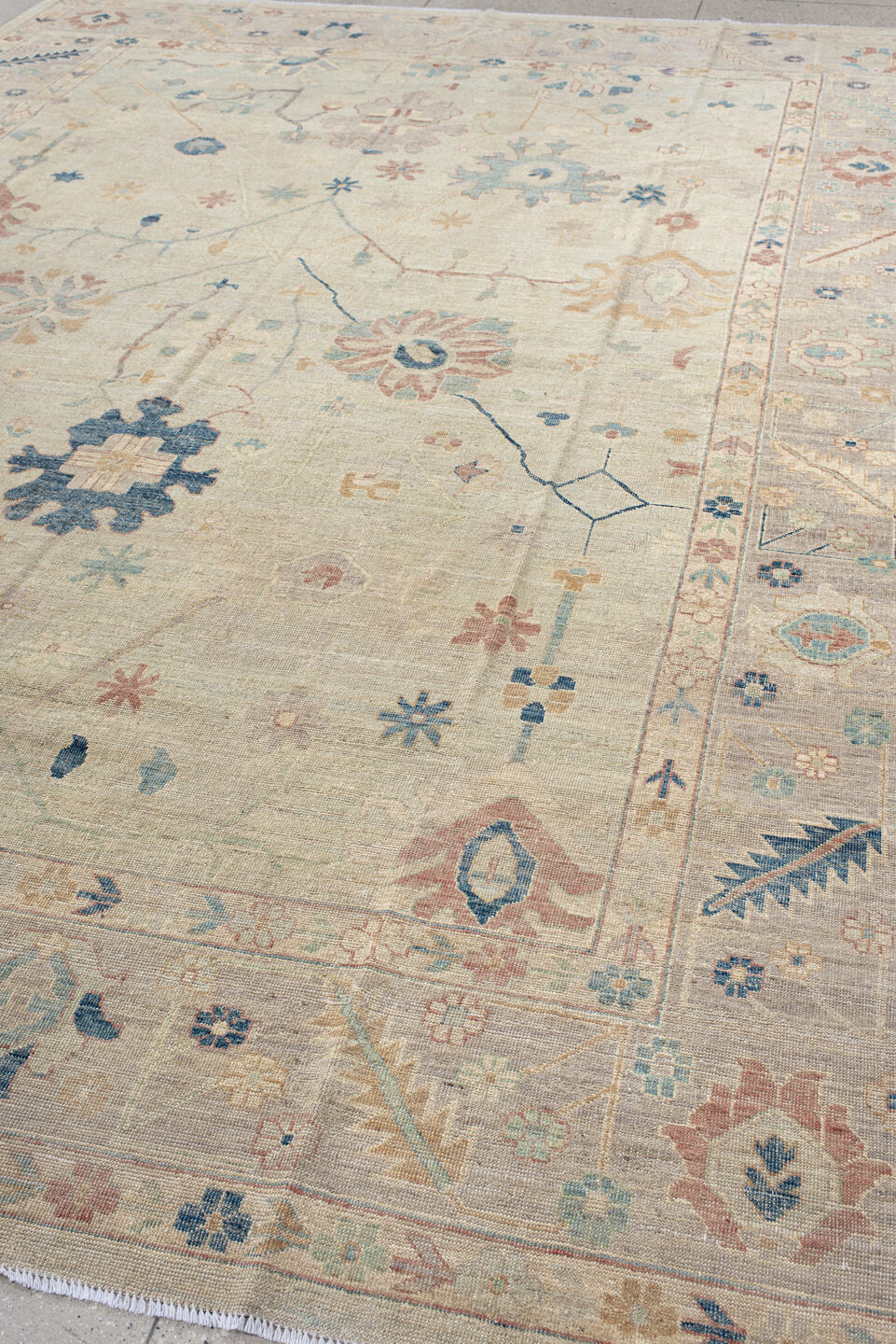 10' x 13' one-of-a-kind handmade vintage Oushak large size rug. Color palette: blue, brown, gray, light gray, off-white