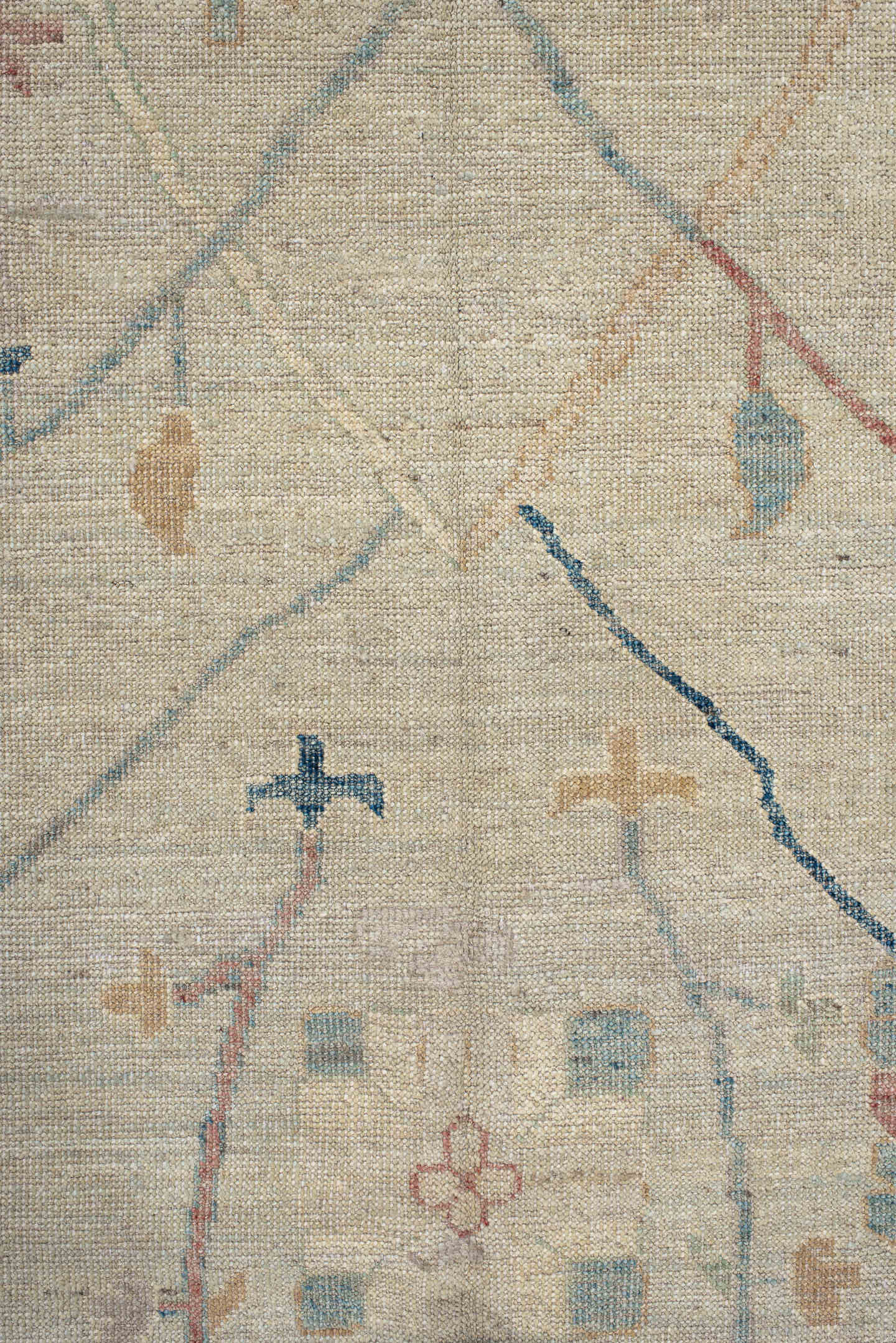 10' x 13' one-of-a-kind handmade vintage Oushak large size rug. Color palette: ivory, beige, pale blue, blush, sage, sand