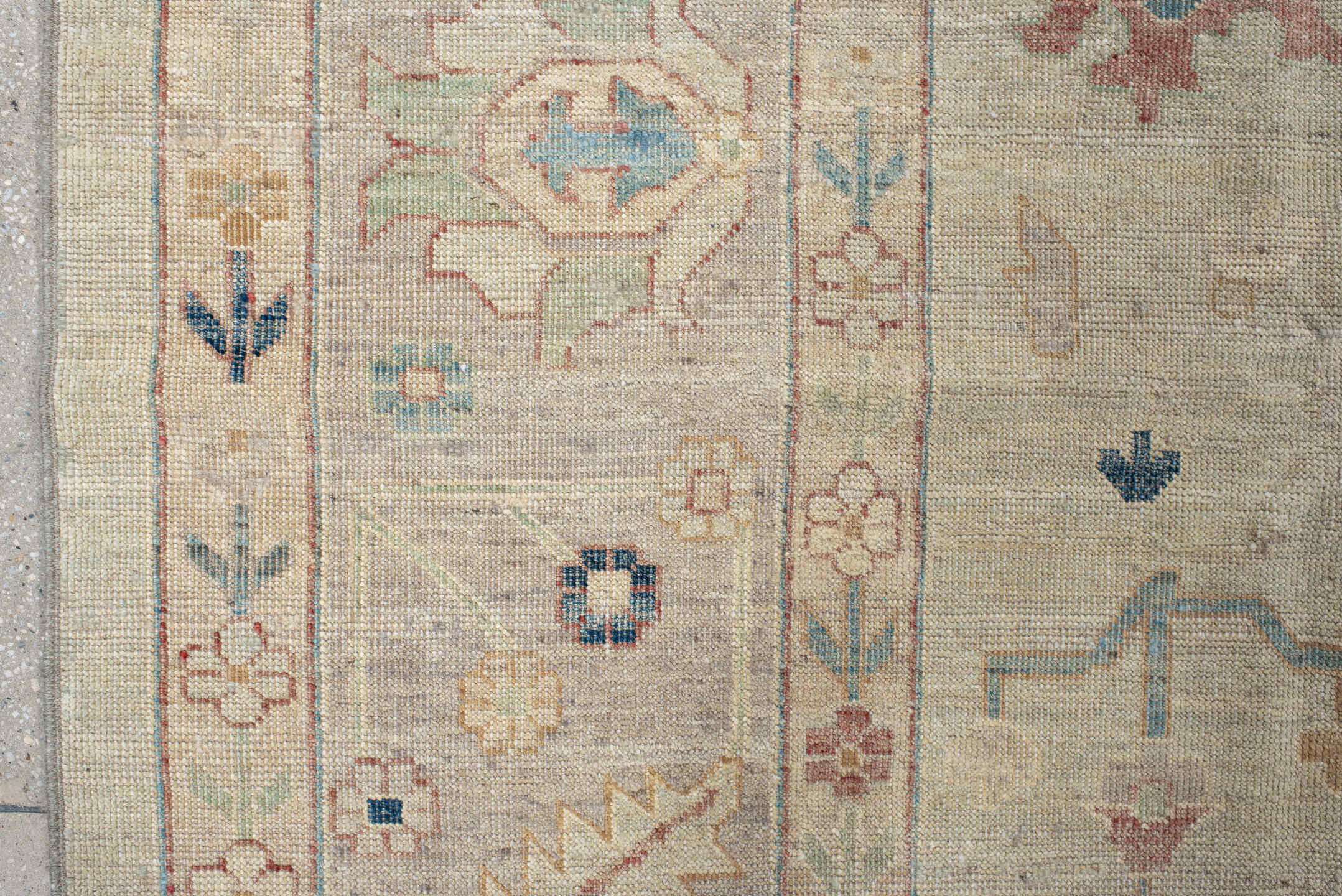 10' x 13' one-of-a-kind handmade vintage Oushak large size rug. Color palette: ivory, beige, pale blue, blush, sage, sand