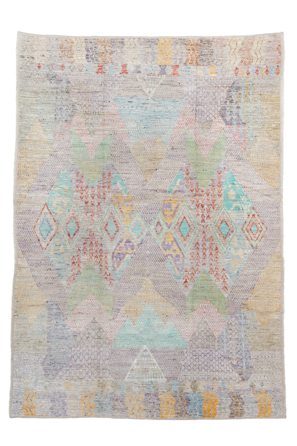 9' x 13' one-of-a-kind handmade vintage Tulu large size rug. Color palette: blue, light gray, off-white, gray, pink, brown