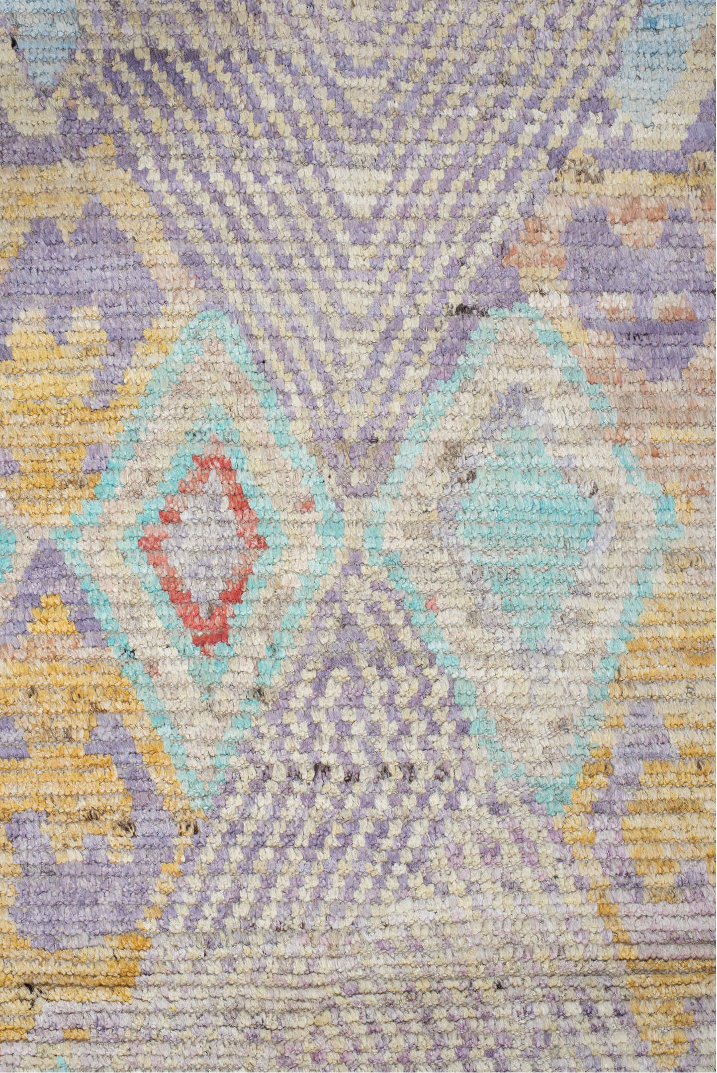 9' x 13' one-of-a-kind handmade vintage Tulu large size rug. Color palette: ivory, lavender, aqua, blush, saffron, coral