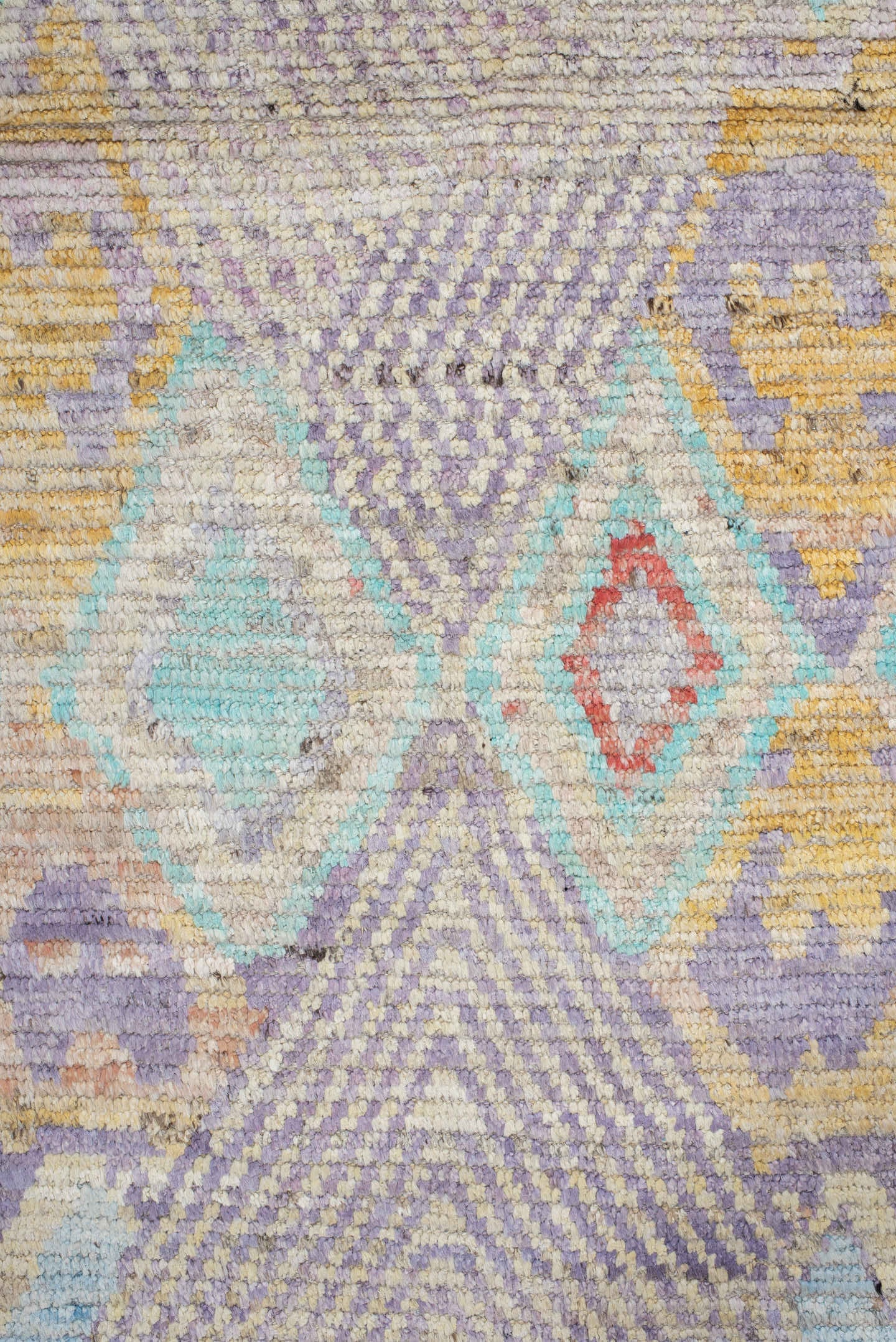 9' x 13' one-of-a-kind handmade vintage Tulu large size rug. Color palette: ivory, lavender, aqua, blush, saffron, coral