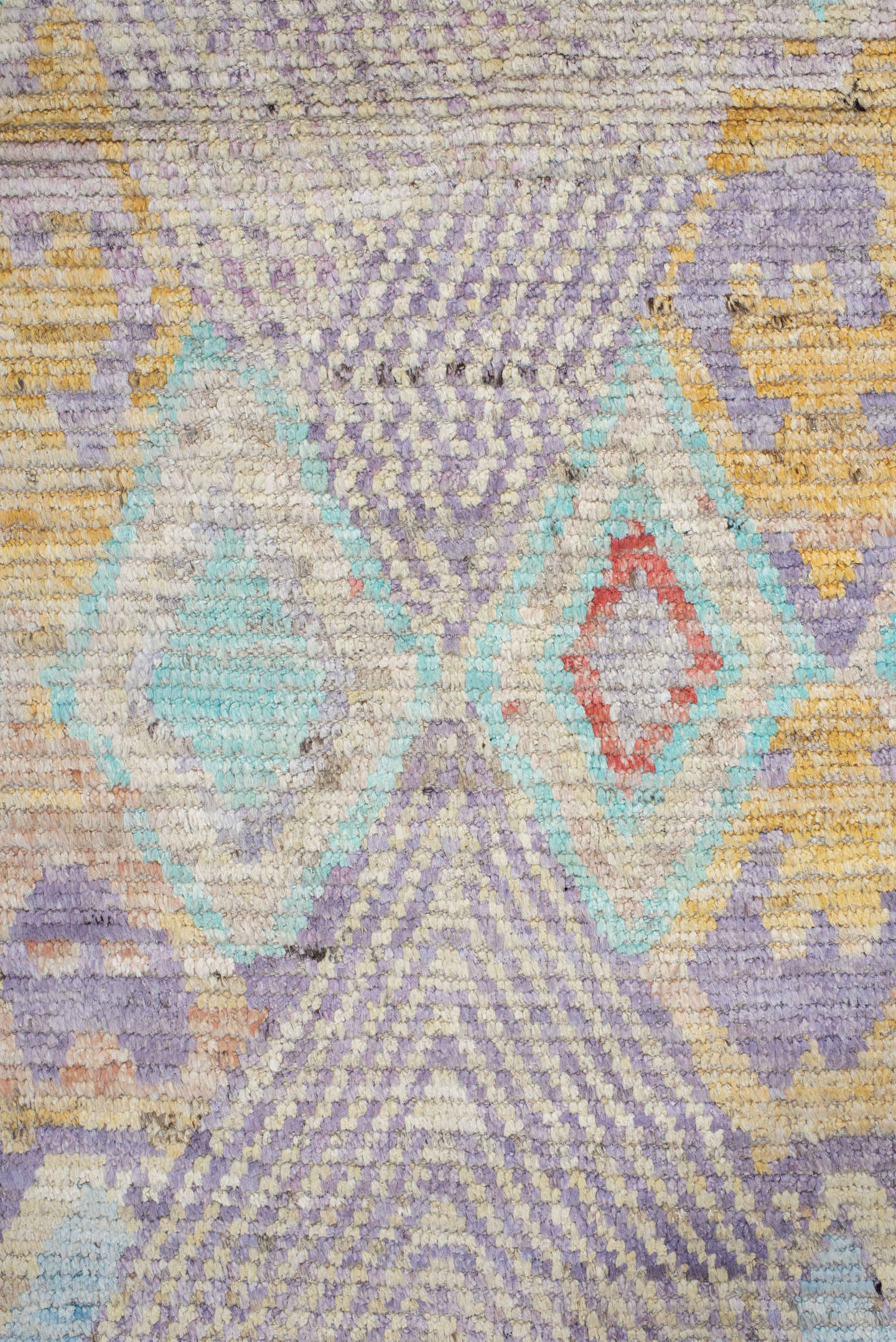 9' x 13' one-of-a-kind handmade vintage Tulu large size rug. Color palette: ivory, lavender, aqua, blush, saffron, coral