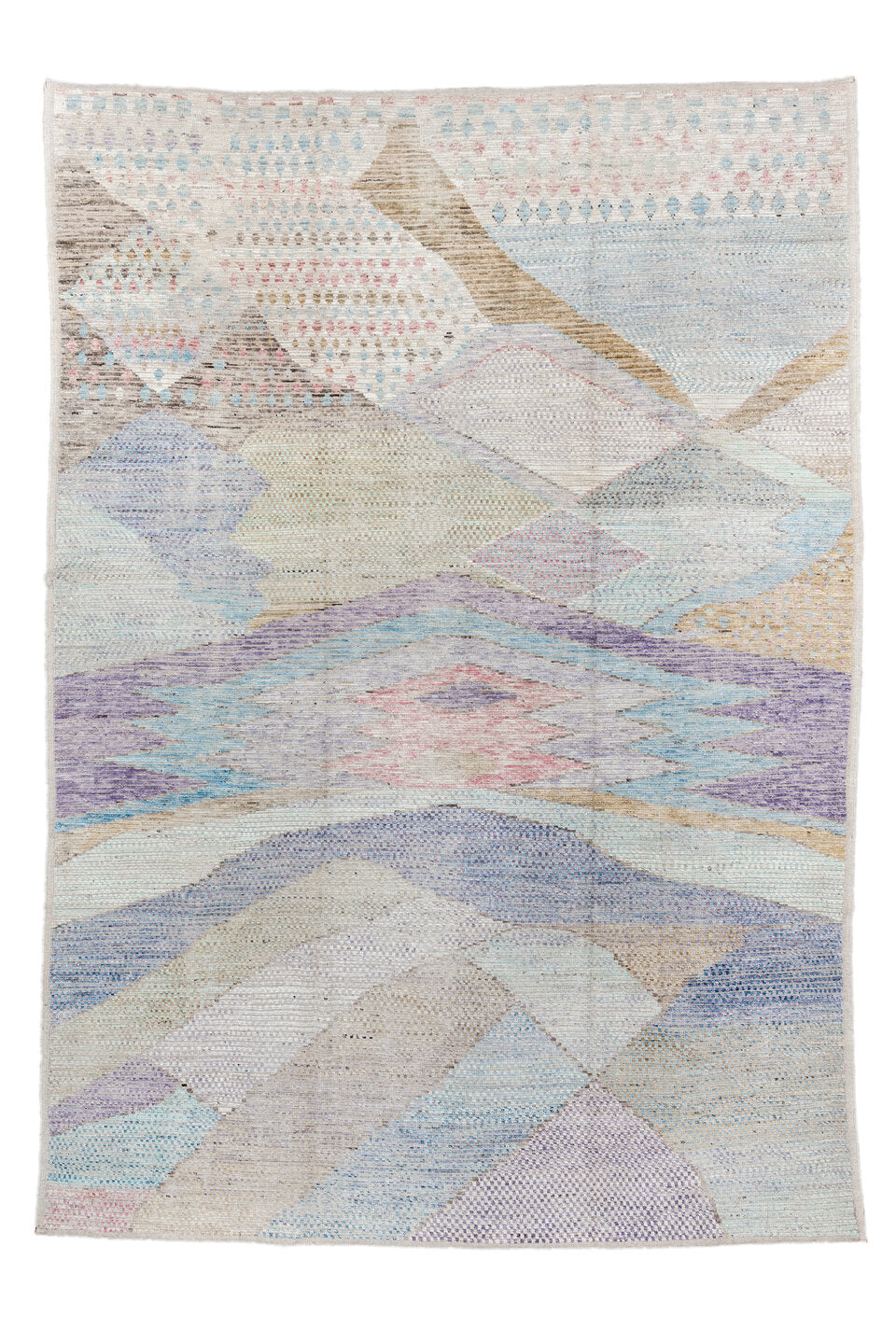 9' x 14' one-of-a-kind handmade vintage Tulu large size rug. Color palette: blue, fiord, gainsboro, gray, light blue