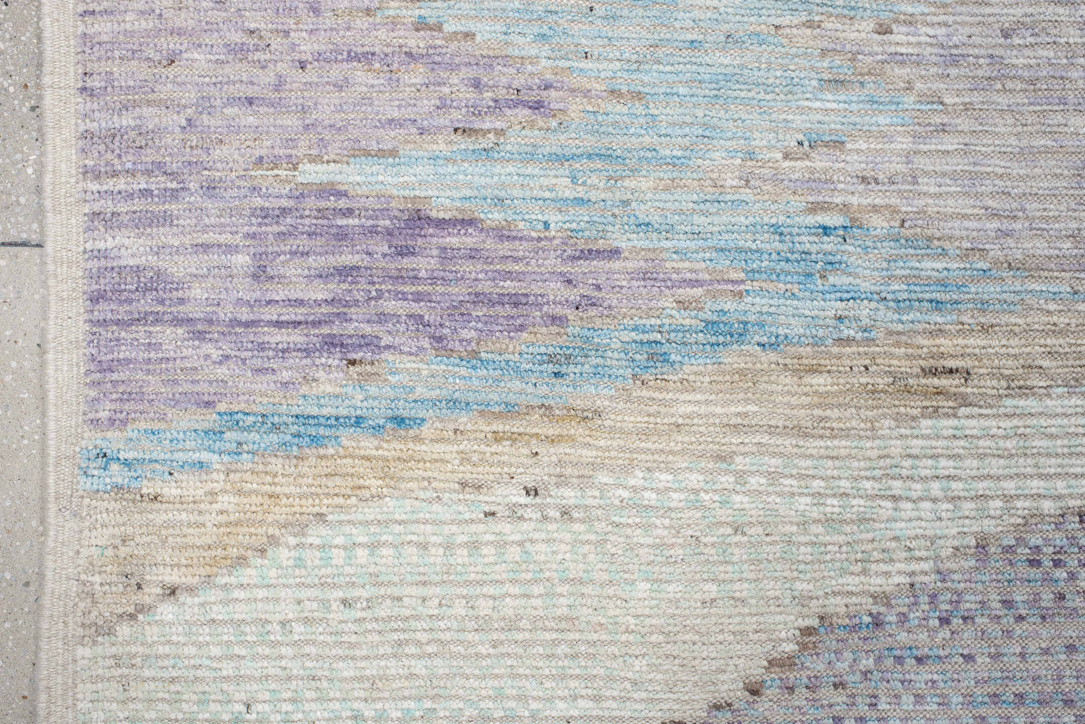 9' x 14' one-of-a-kind handmade vintage Tulu large size rug. Color palette: ivory, sky_blue, taupe, lavender, beige, pink